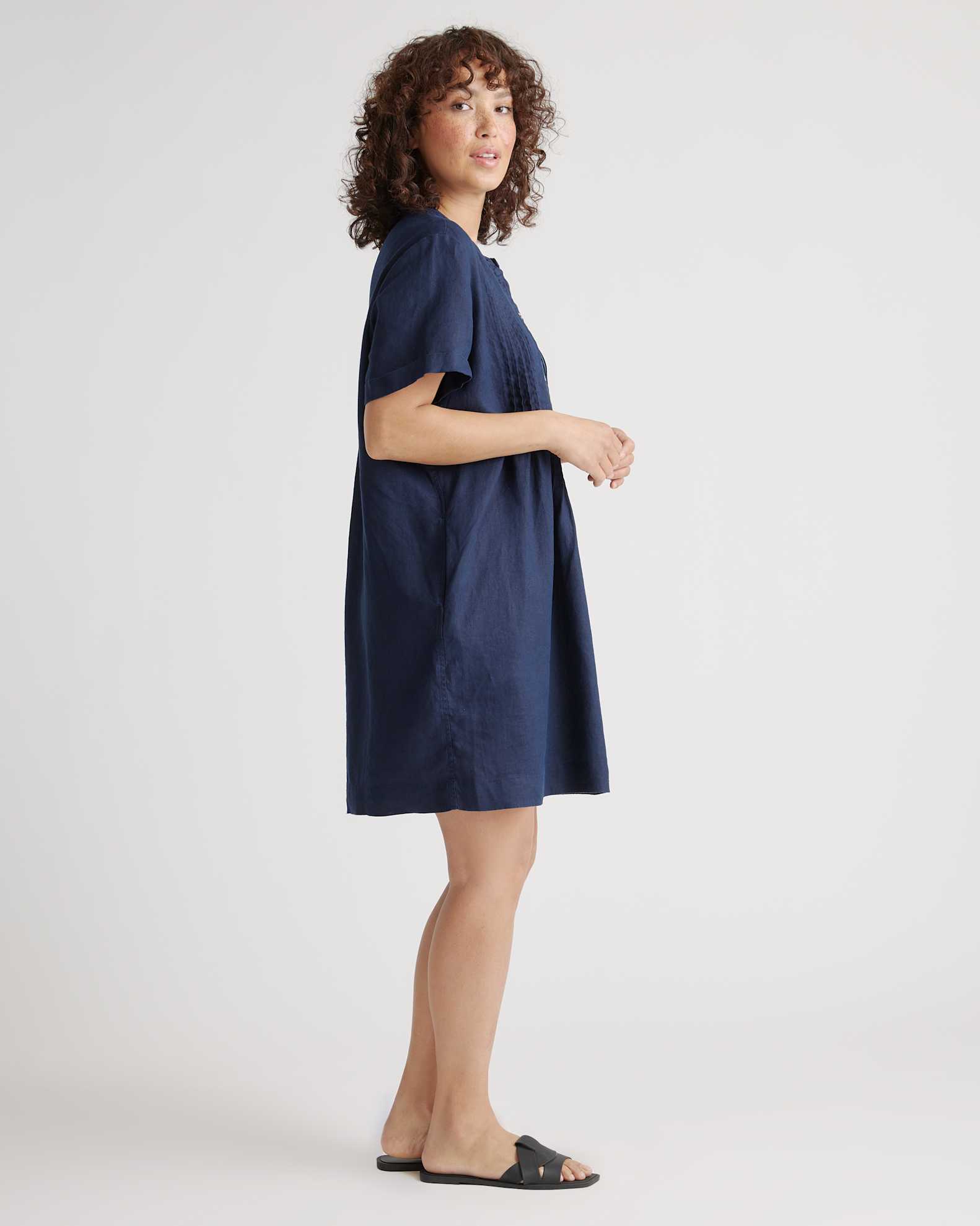 linen short sleeve dress Porridge Short-Sleeve Crew-Neck Printed Mini With short cap 100% European Linen Short Sleeve