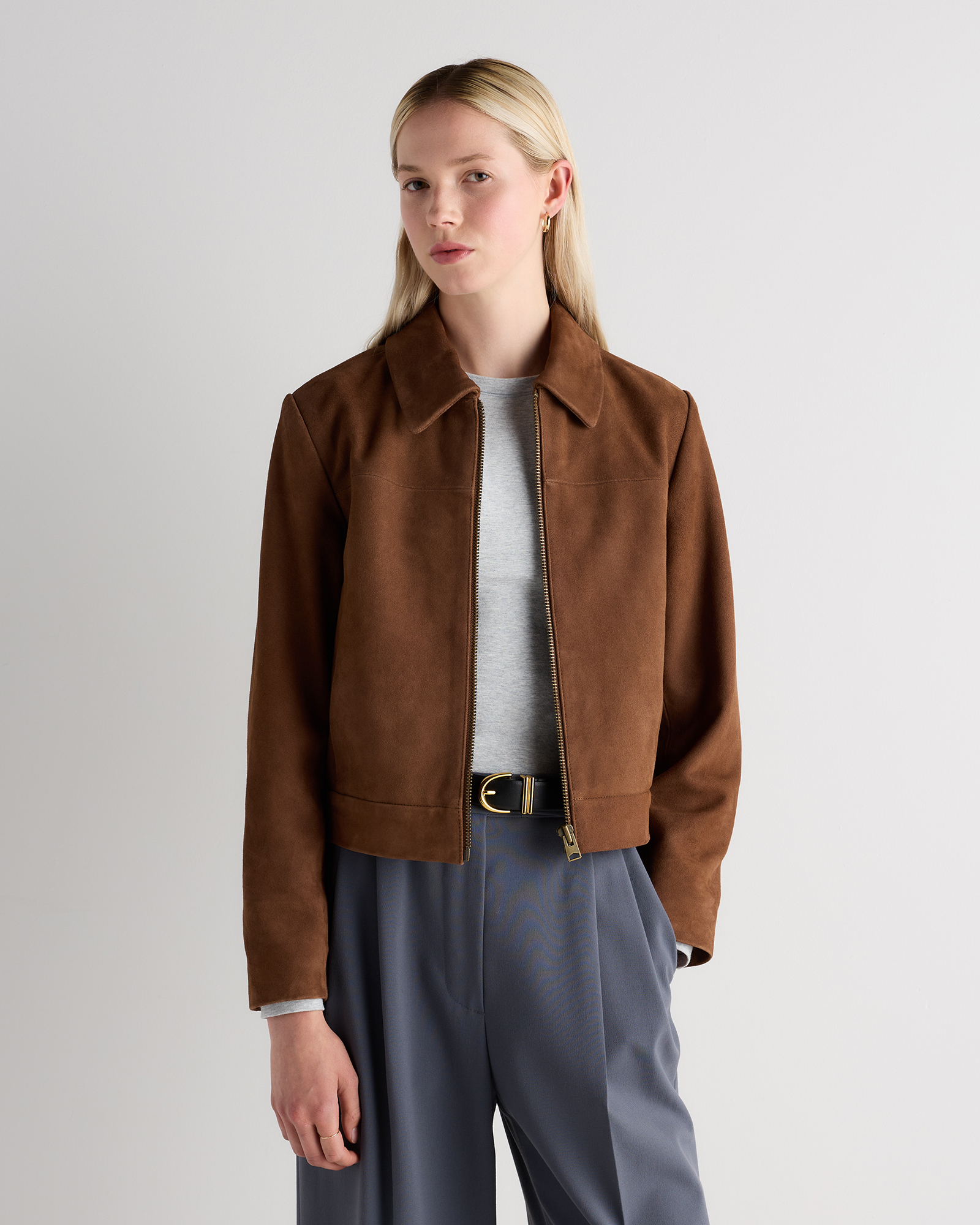 Java Brown 100% Suede Cropped Zip-Front Jacket
