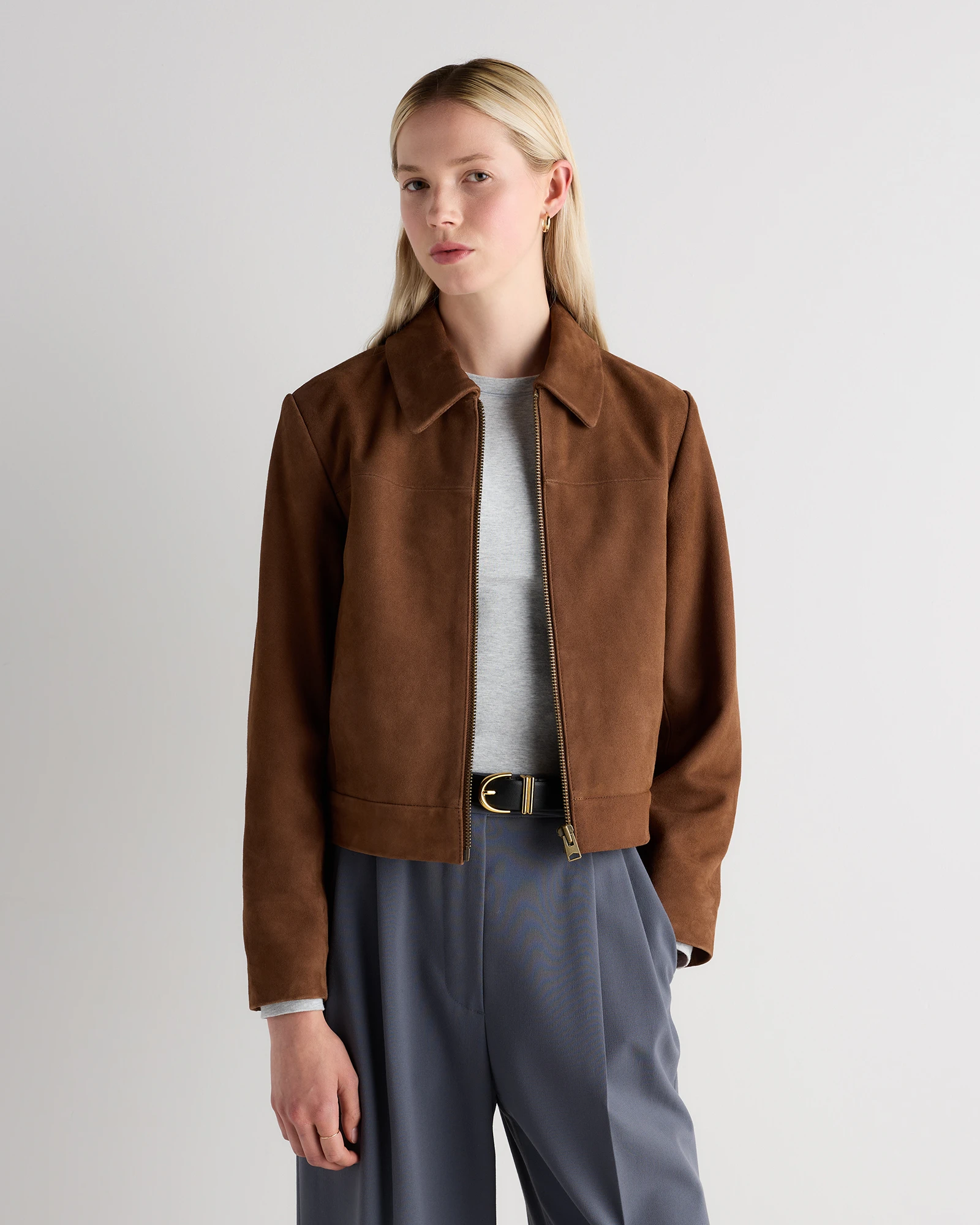 100% Suede Cropped Zip-Front Jacket