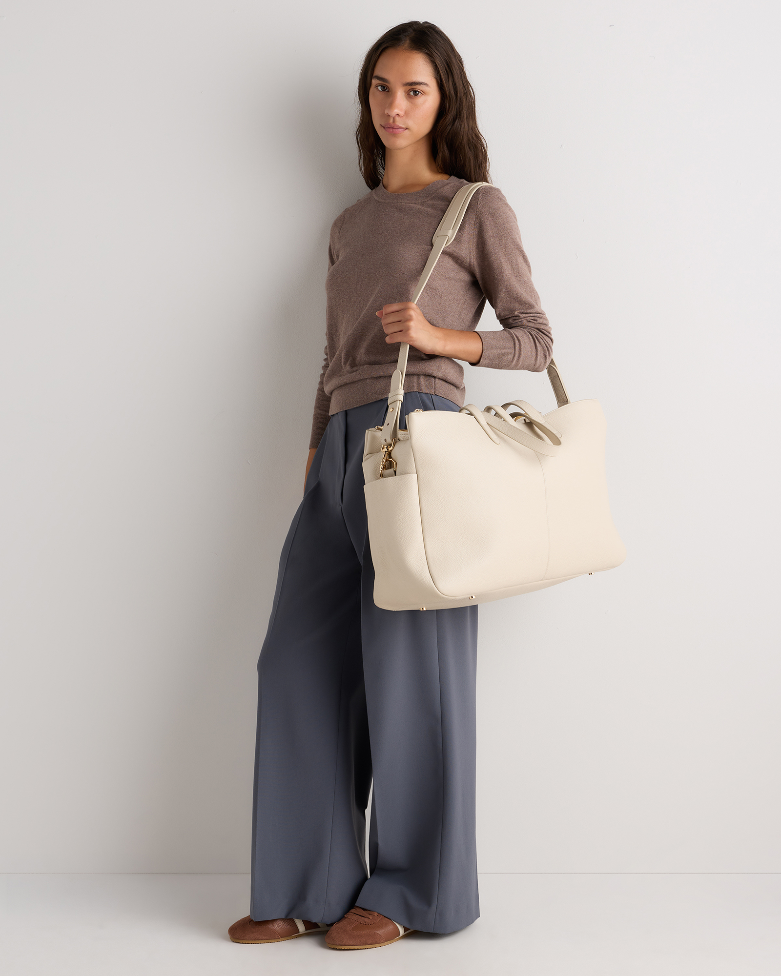 Italian Leather Triple Compartment Weekender in Soft Ivory