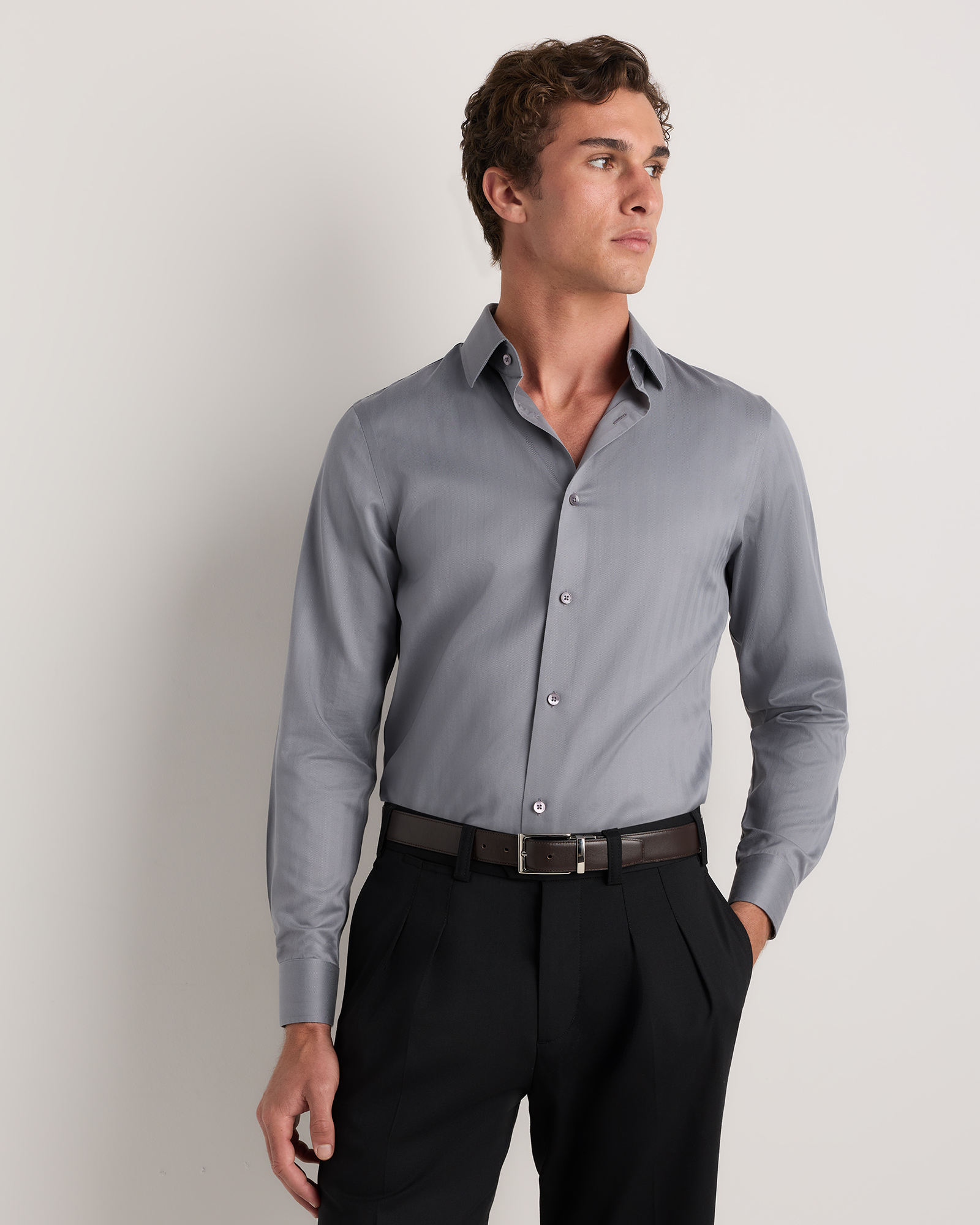 Grey Supima Cotton Herringbone Dress Shirt