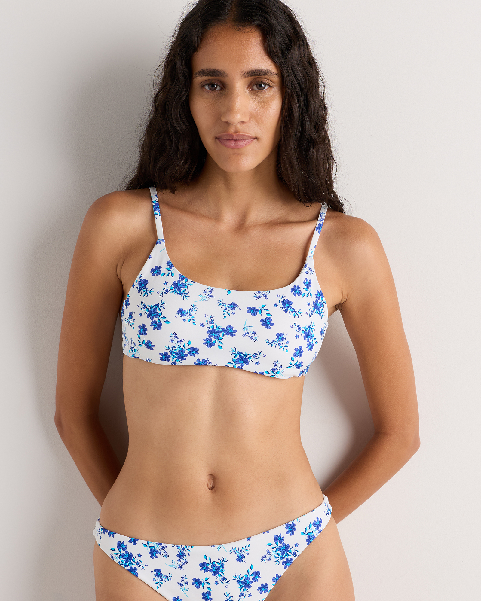 Electric Blue Floral Italian Scoop Neck Bikini Top