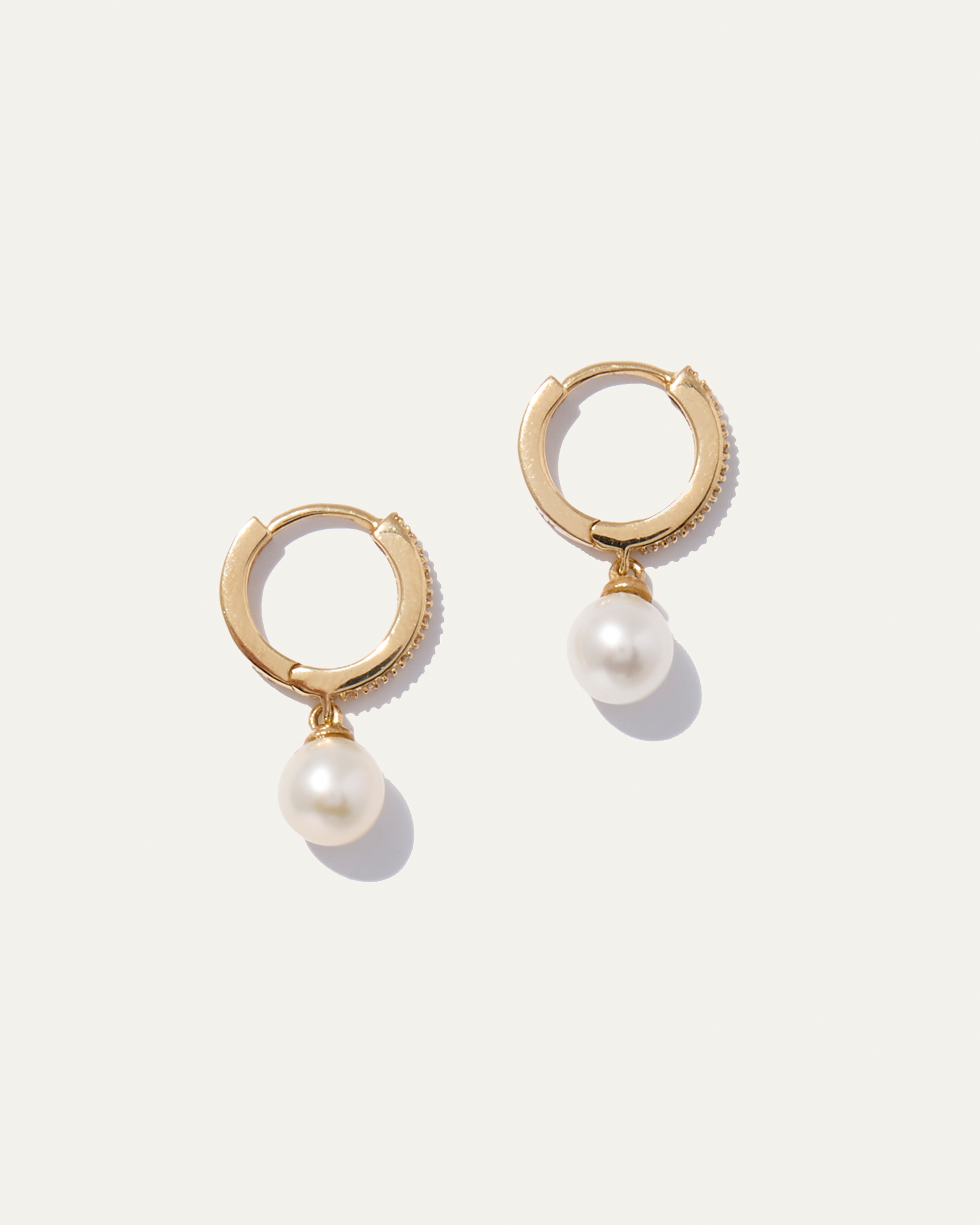 Yellow Gold 14K Gold Pave Diamond Hoop Pearl Drop Earrings