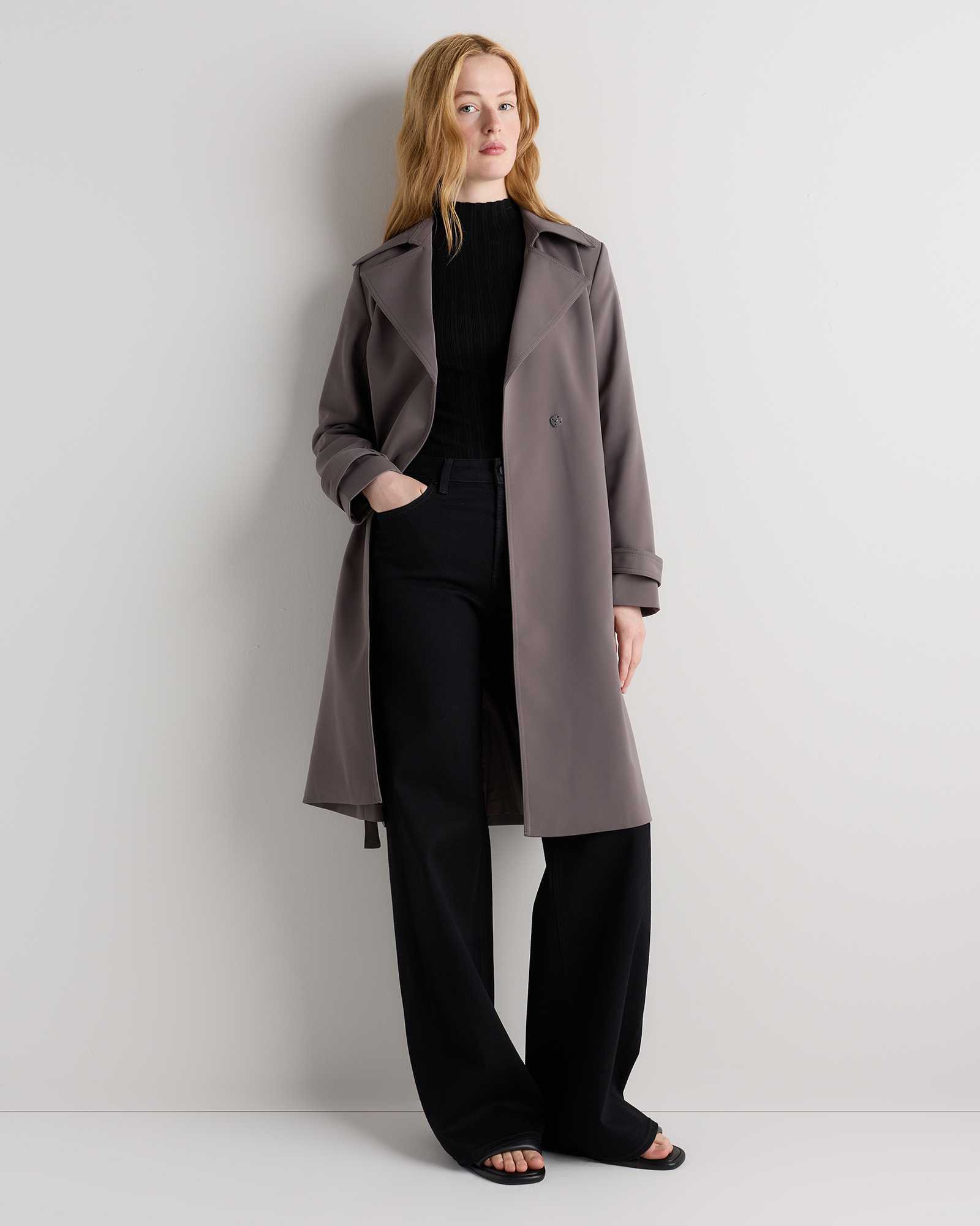 Overcast Grey Stretch Crepe Trench Coat