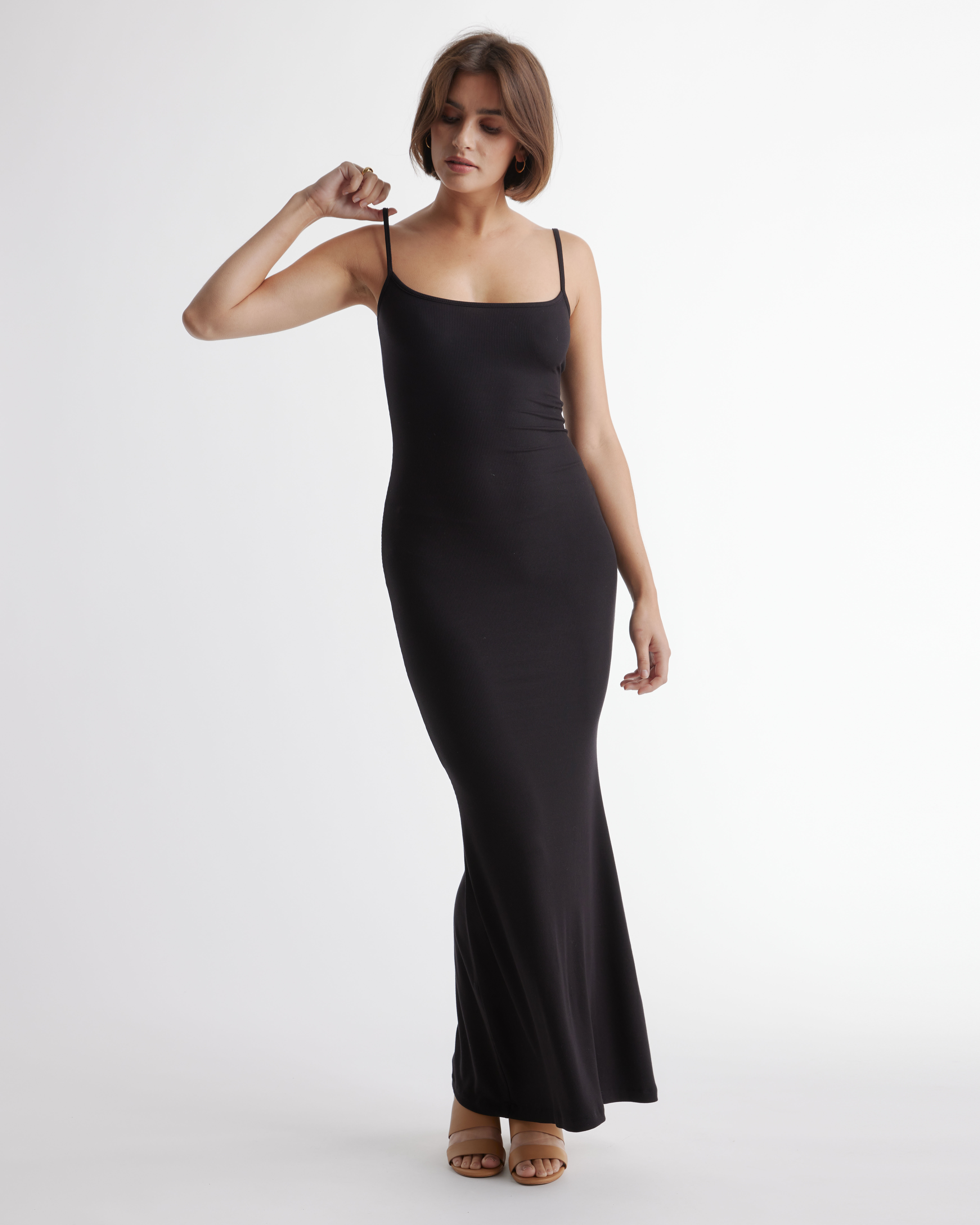 knee length dresses for ladies ANYA MAXI SLIP DRESS IN BLACK