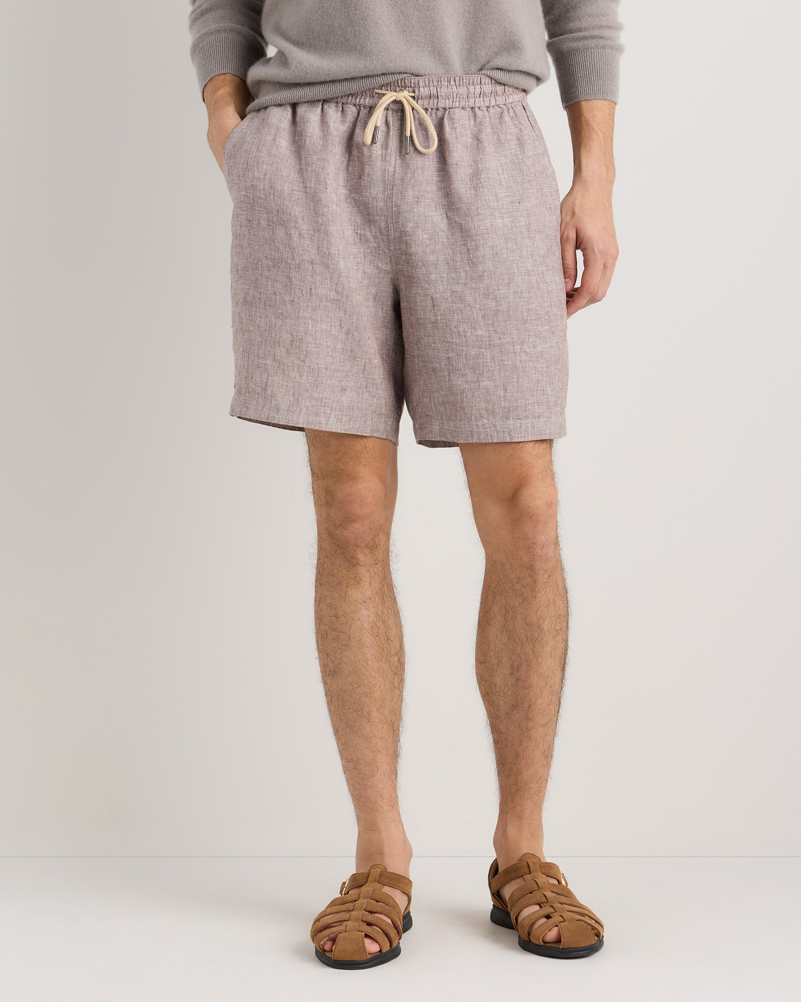 Taupe Brown Chambray 100% European Linen Drawstring Beach Shorts - 7"