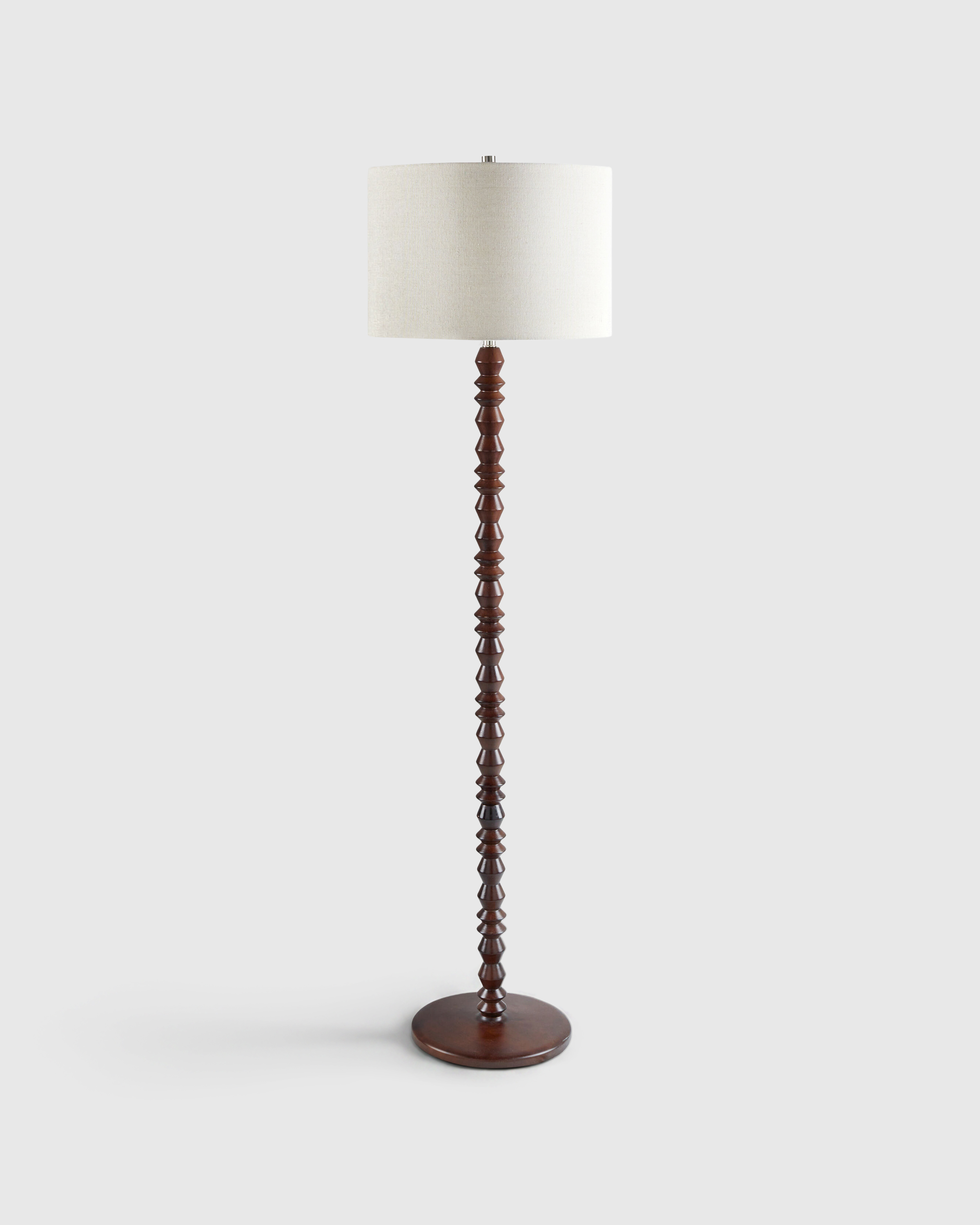 Brown Faceted Wood Floor Lamp with Linen Shade