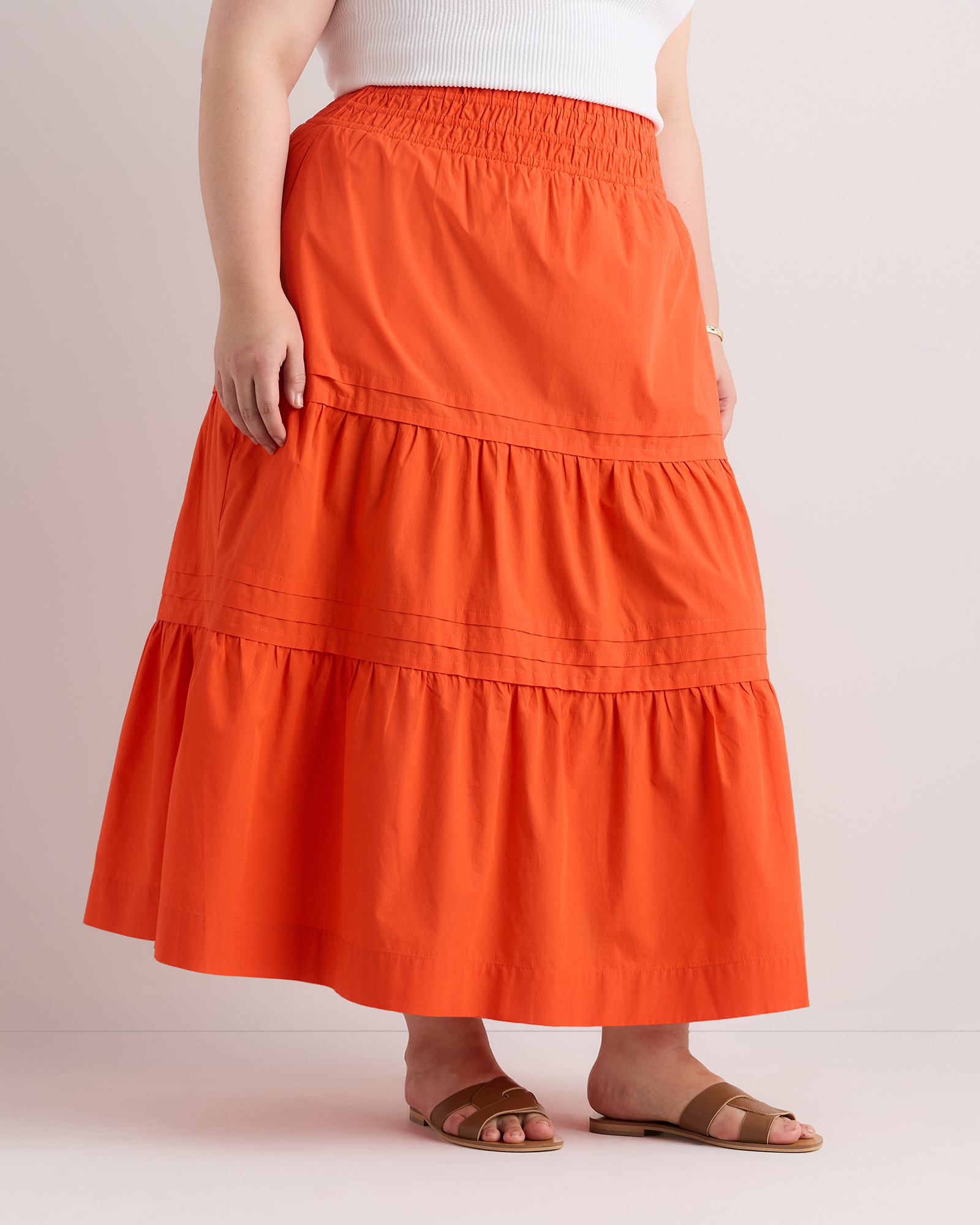 100% Organic Cotton Poplin Tiered Maxi Skirt in Vermillion Red