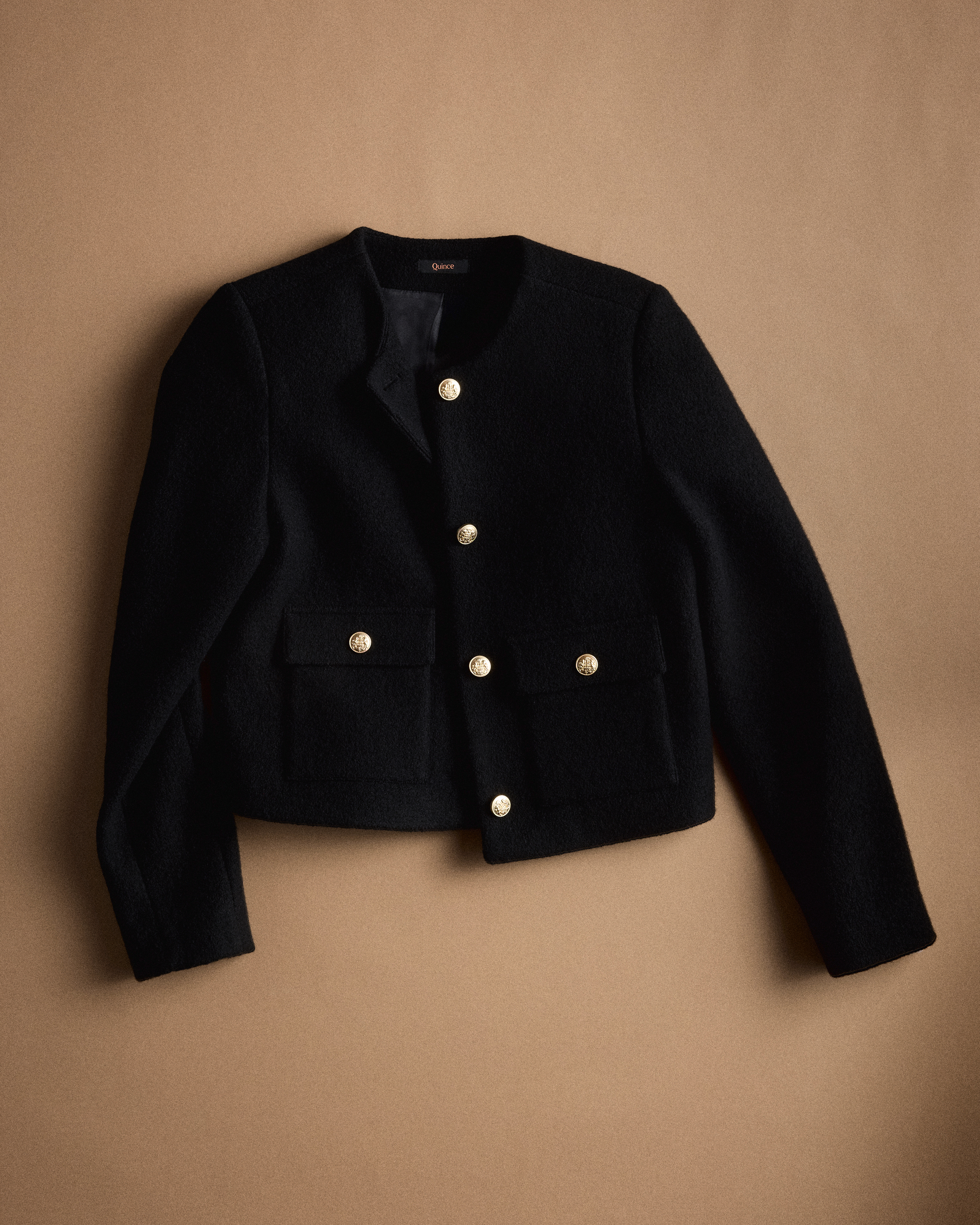 100% Merino Wool Collarless Cropped Jacket in Black
