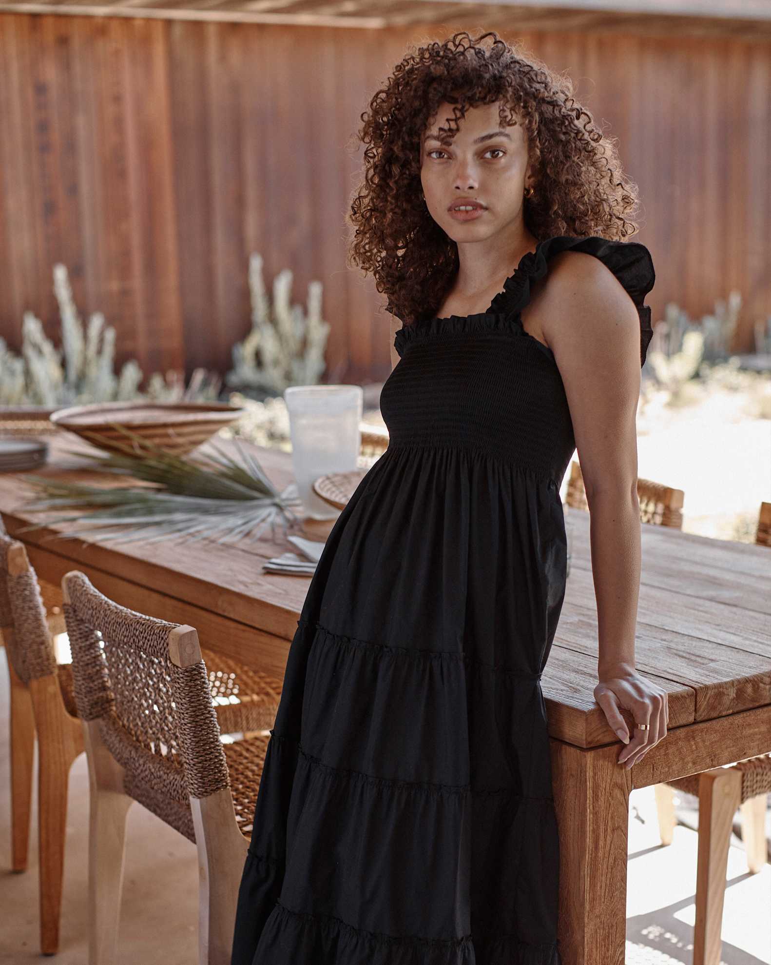 Quince Women's Poplin Smocked Midi Dress in Black, Size Small - 100% Organic Cotton, A-line Cut, Ruffle Detailing Quince Women's Poplin Smocked Midi Dress in Black, Size Small - 100% Organic Cotton, A-line Cut, Ruffle Detailing