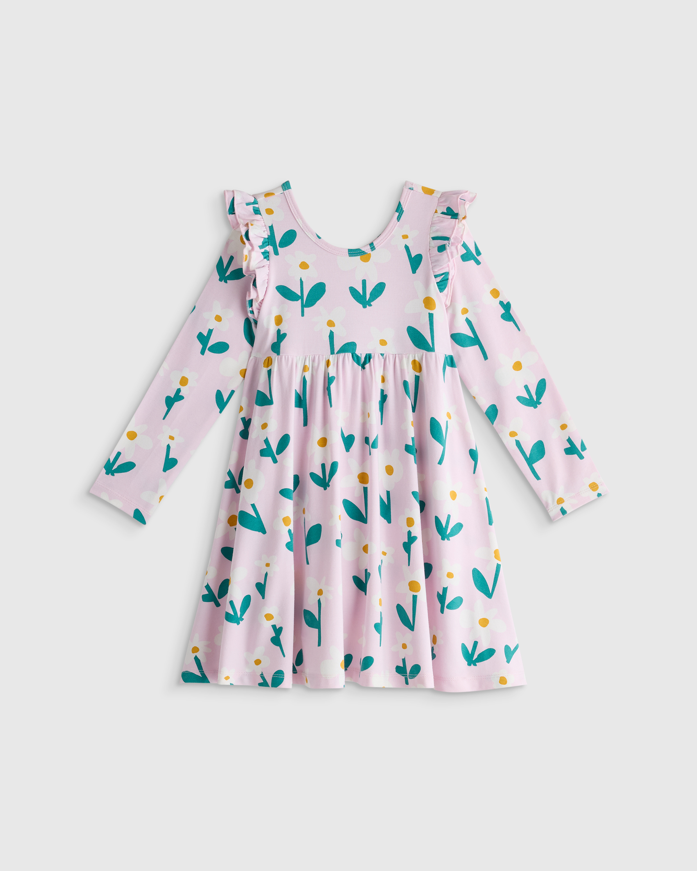 Bright Daisies Bamboo Long Sleeve Flutter Twirl Dress 