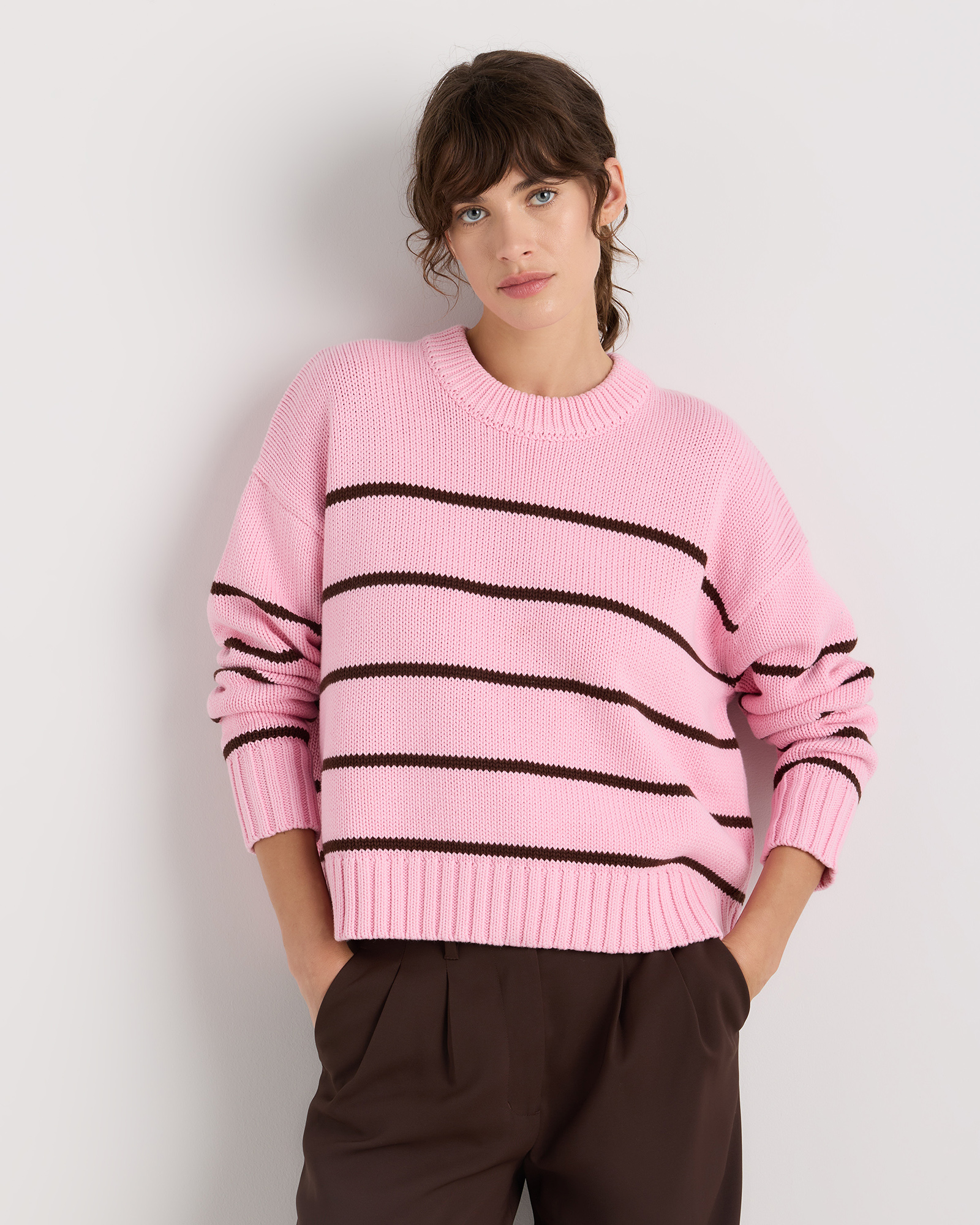 Bubblegum/Fudge Mariner Stripe Pull 100 % coton biologique à col rond et à rayures