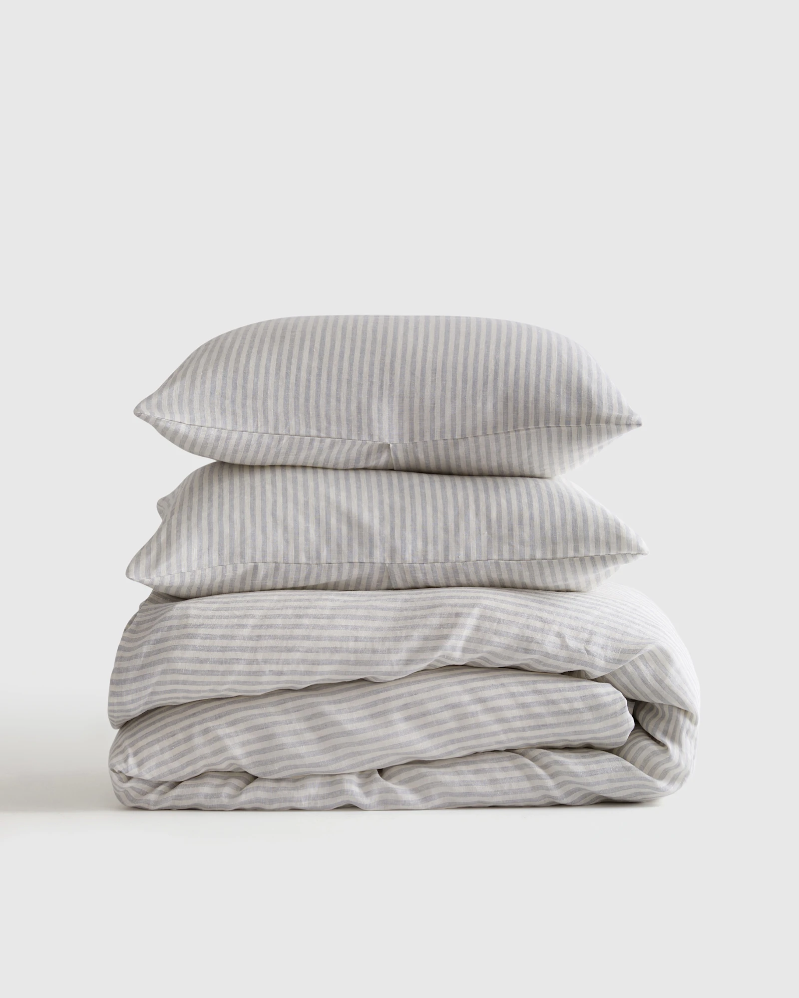 European Linen Stripe Duvet Cover Set - Mist/White Stripe, Full/Queen
