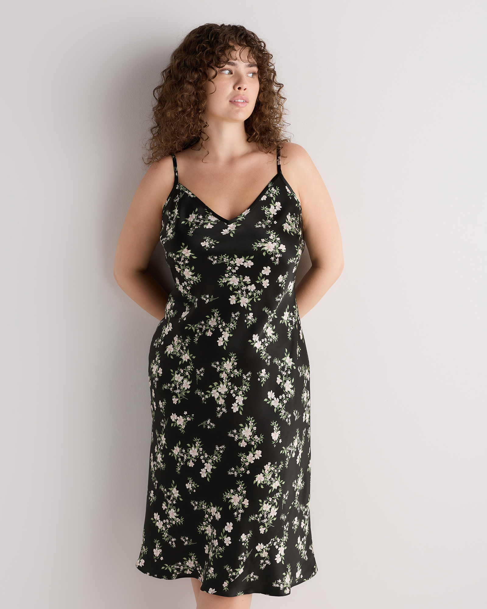 Black Vintage Pink Petite Floral 100% Washable Silk Slip Dress