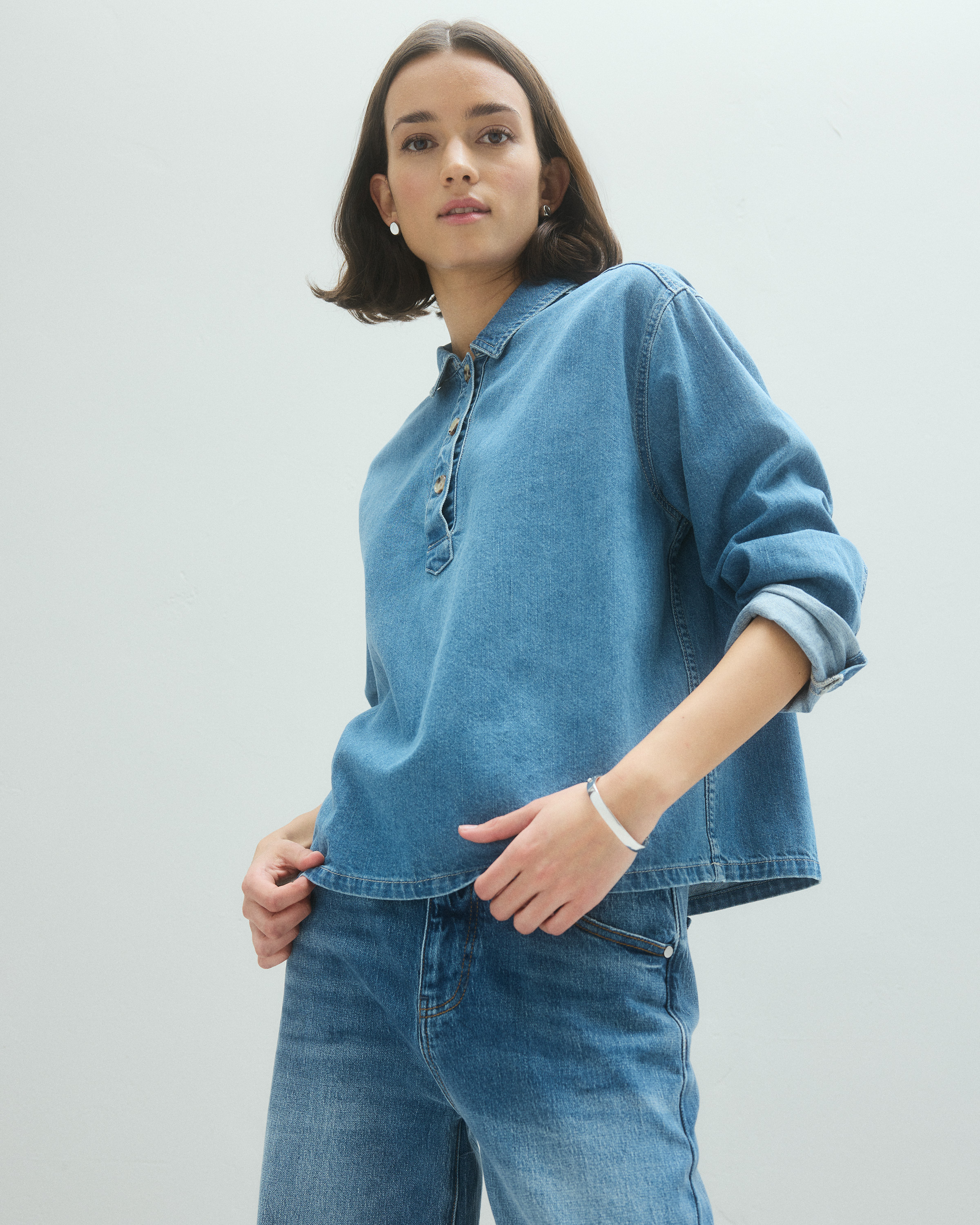 Medium Indigo Distressed Denim Popover Shirt