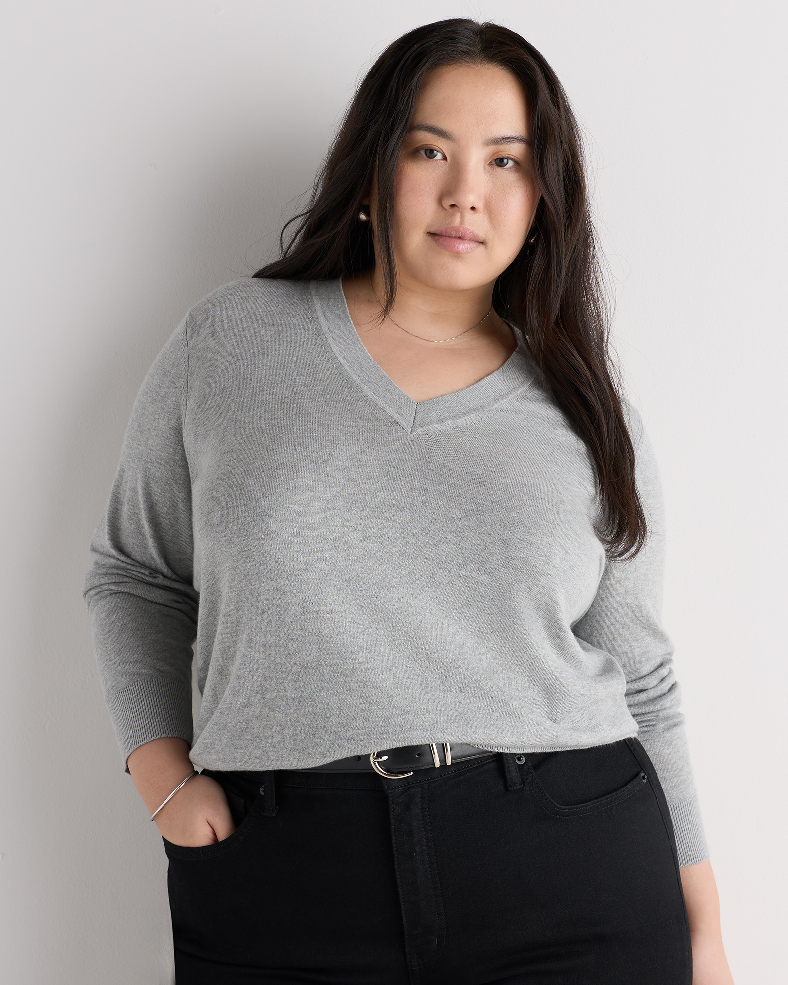 Heather Grey Lightweight Cotton Cashmere V-Neck Sweater
