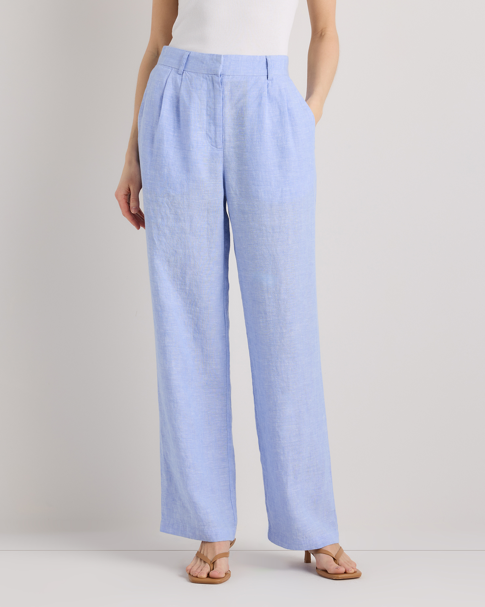French Blue 100% European Linen Pleated Trouser