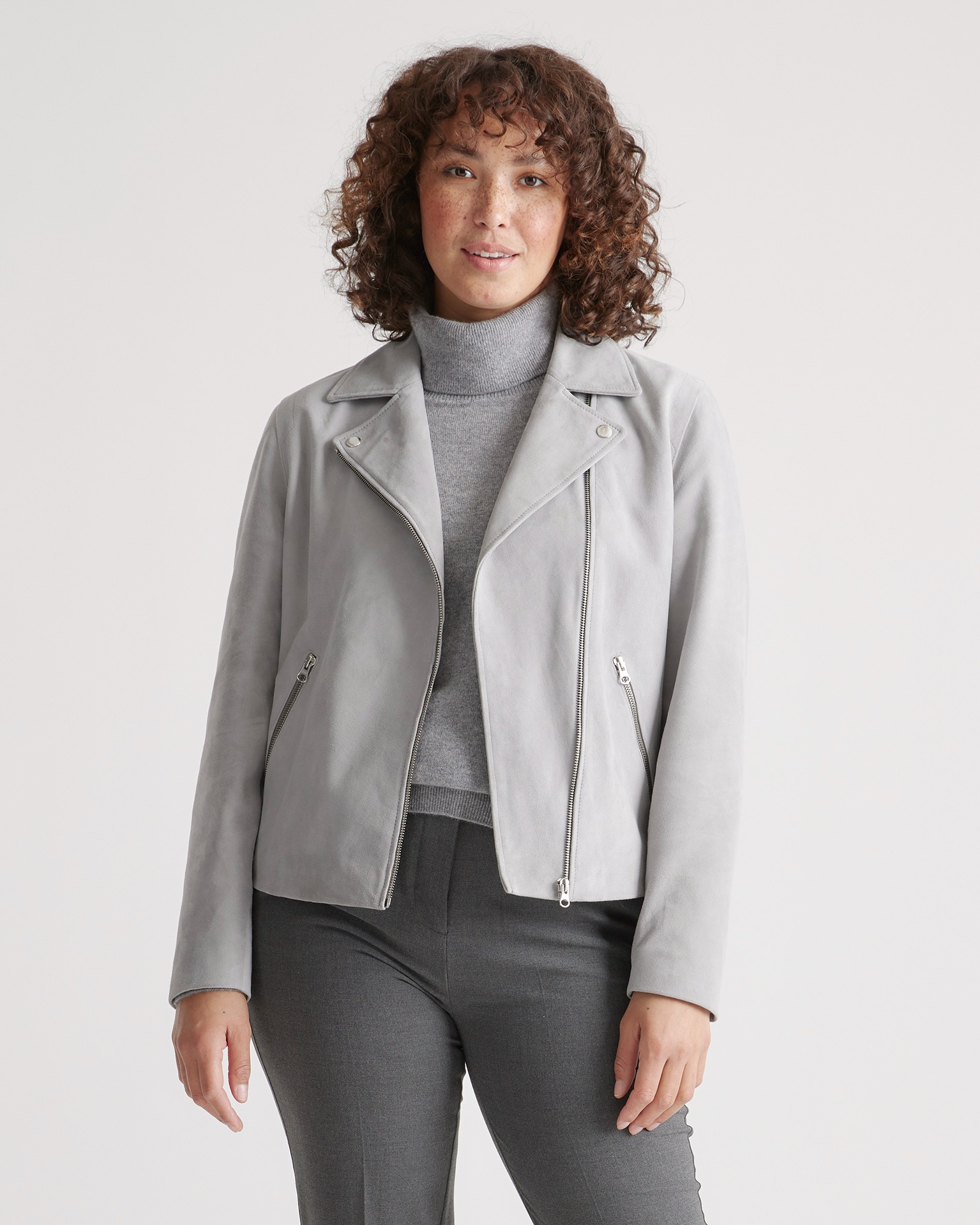 Light Grey 100% Suede Biker Jacket