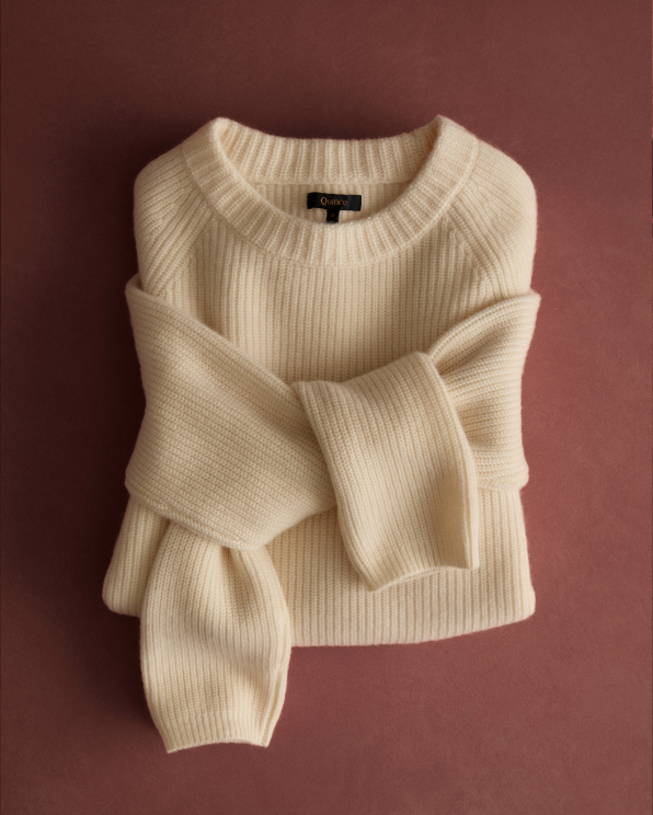 Ivory Mongolian Cashmere Fisherman Crewneck Sweater