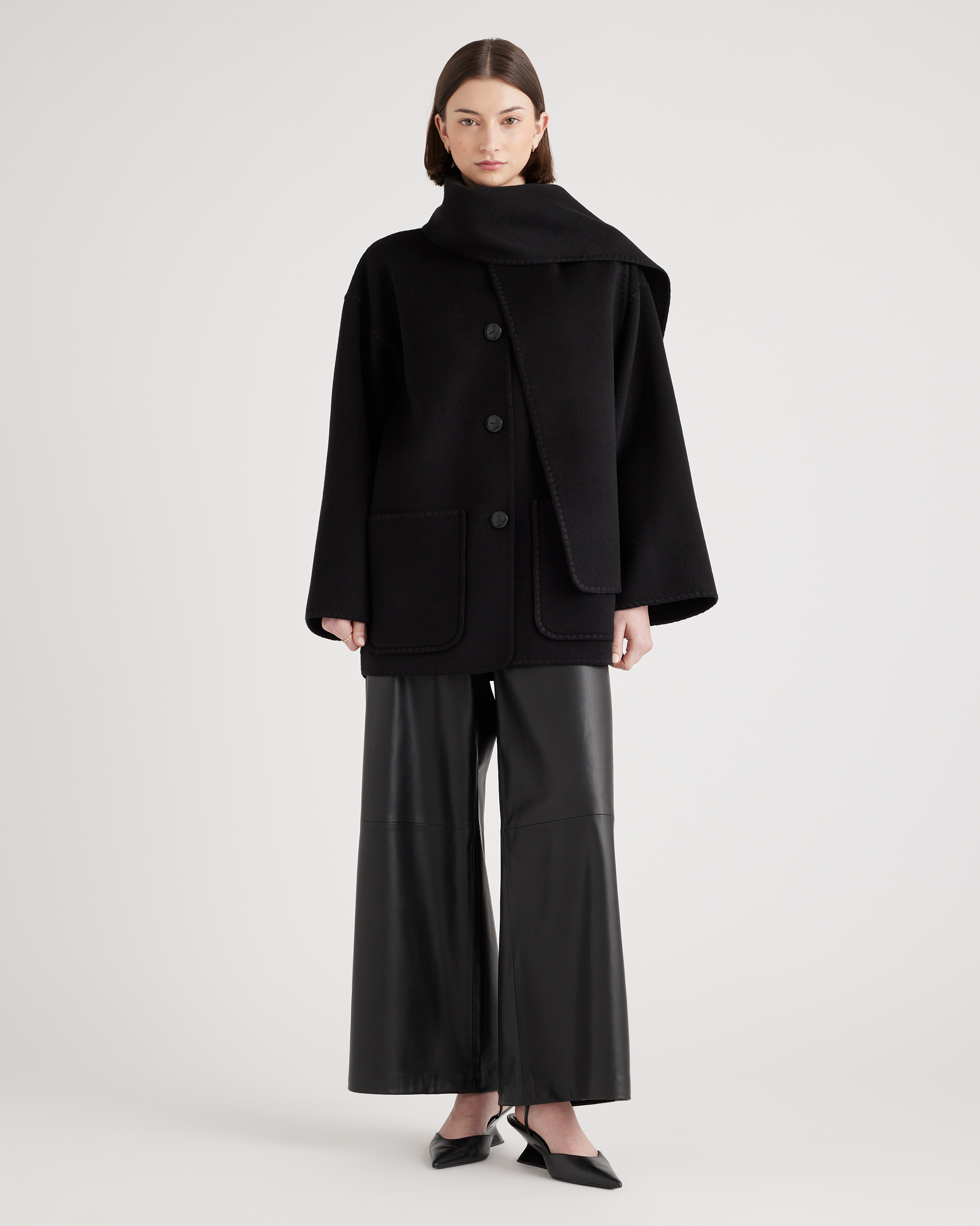 Double-Faced Merino Wool Scarf Coat in Black | Quince Canada