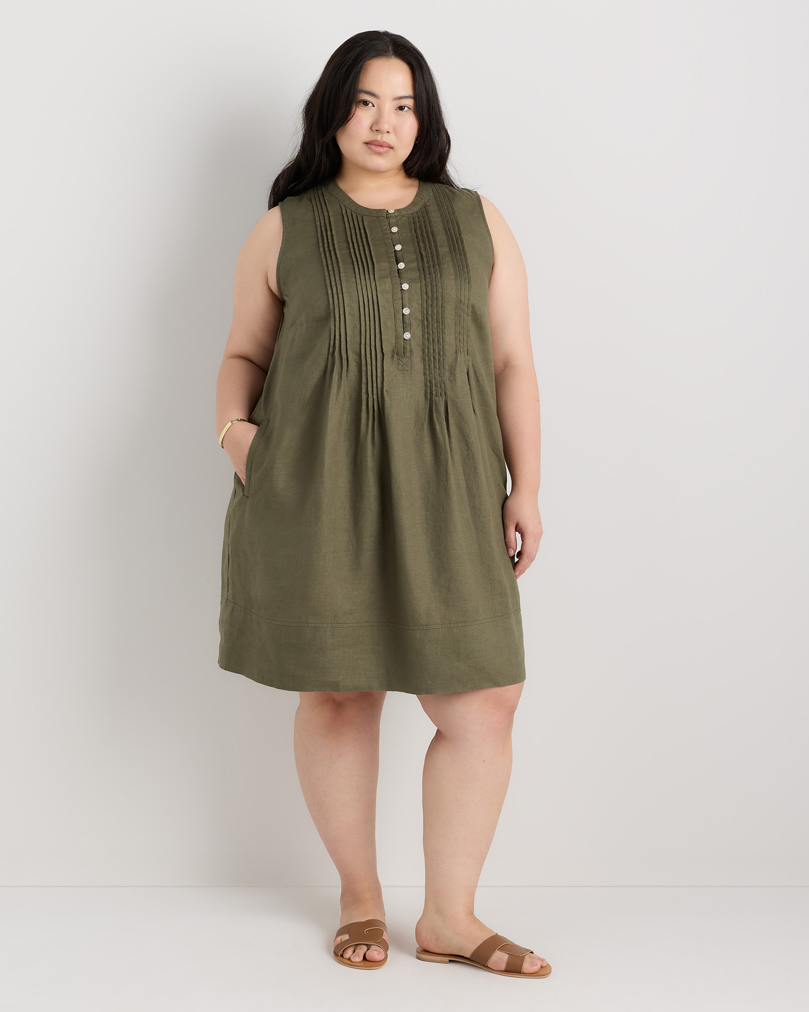 Bayberry Olive 100% European Linen Sleeveless Swing Dress