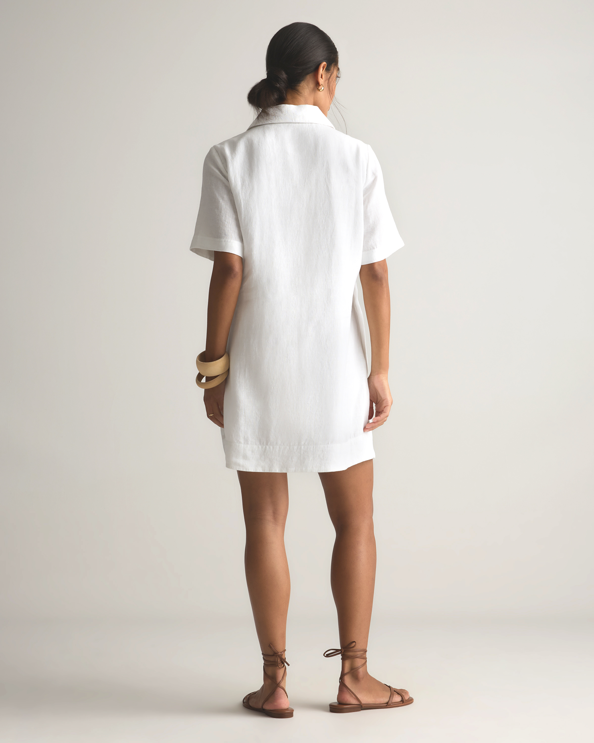 100% European Linen Popover Mini Dress in White