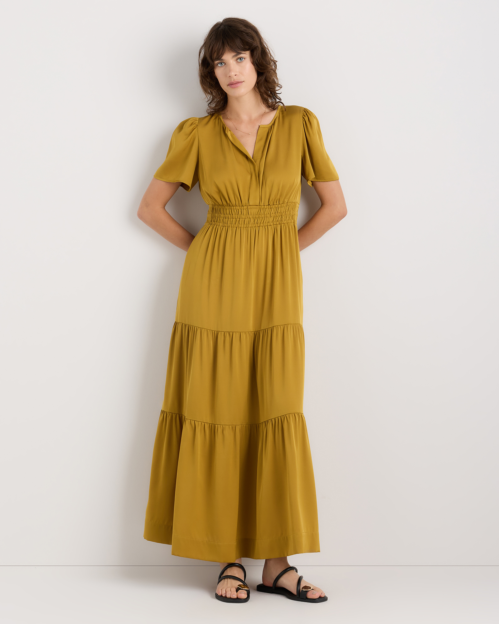 Mineral Yellow Washable Stretch Silk Tiered Maxi Dress
