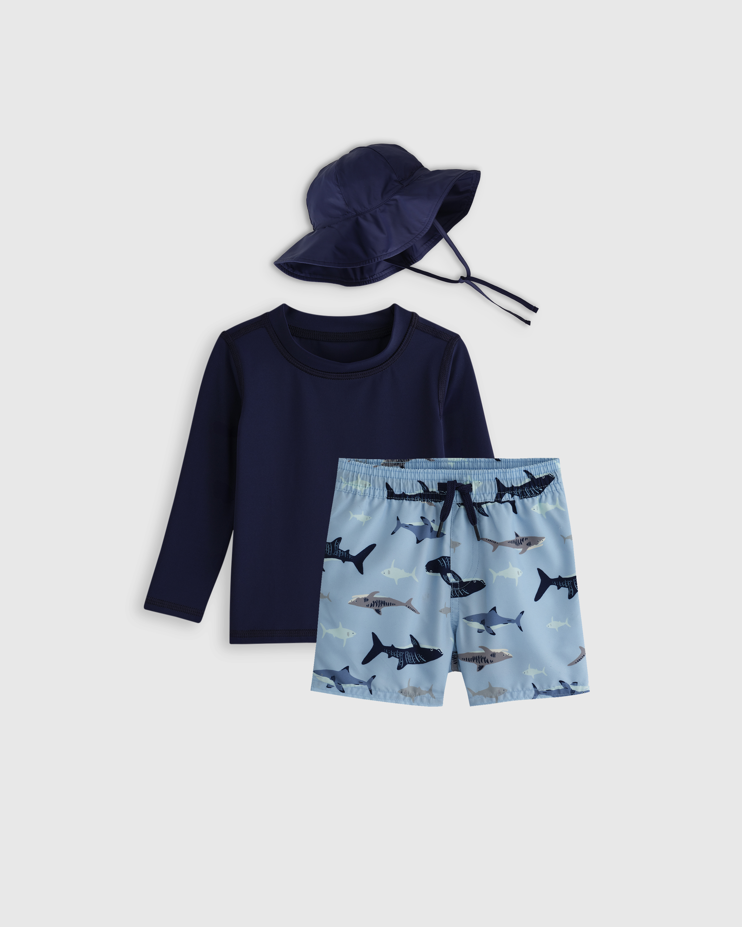 Sharks Sunsafe Rash Guard, Swim Trunks & Hat Set