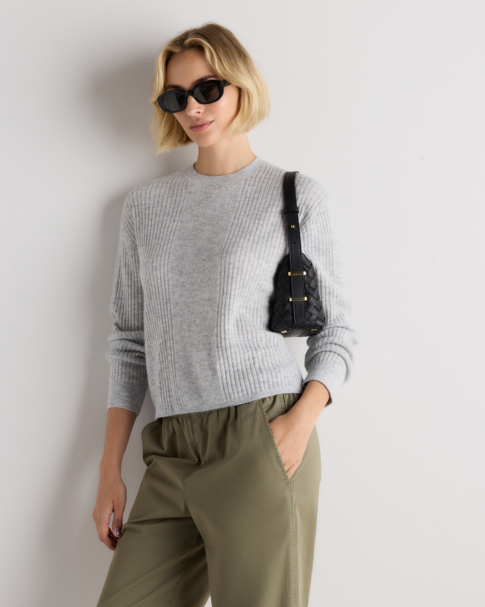 Women's Lightweight Baby Alpaca Ribbed Crewneck in Mist Grey
