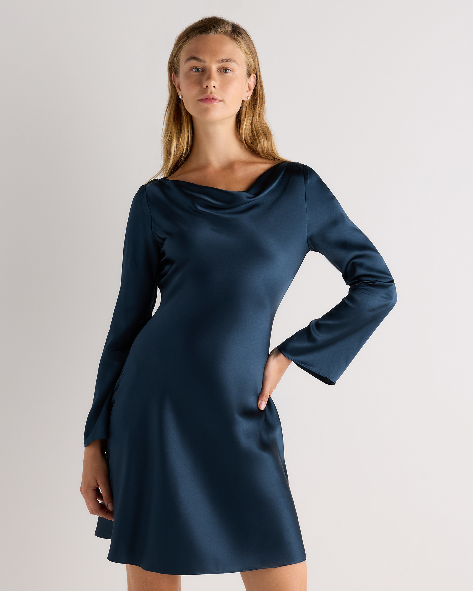 Stratus Blue 100% Washable Silk Long Sleeve Mini Dress 