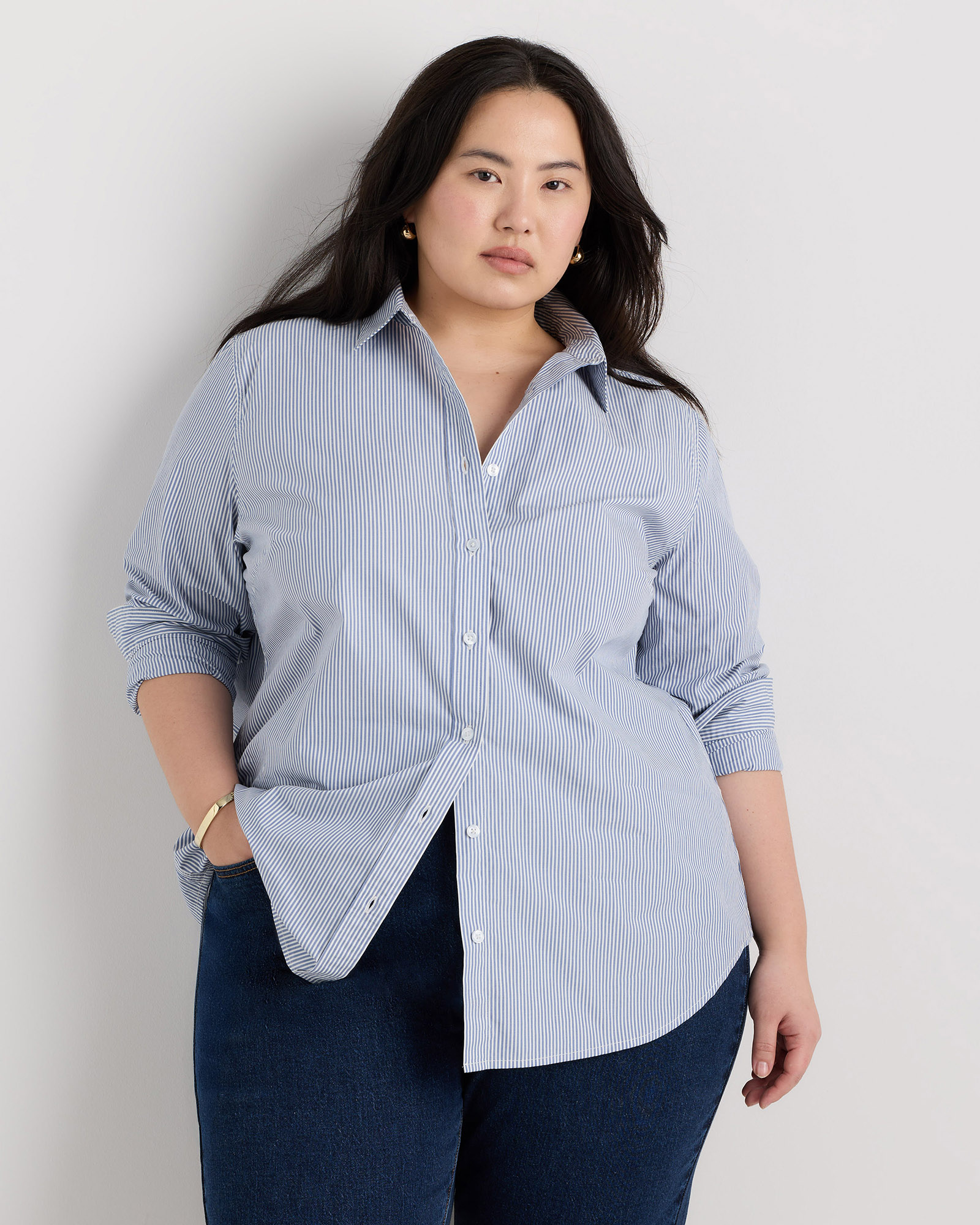 Light Blue Stripe 100% Organic Cotton Poplin Long Sleeve Shirt