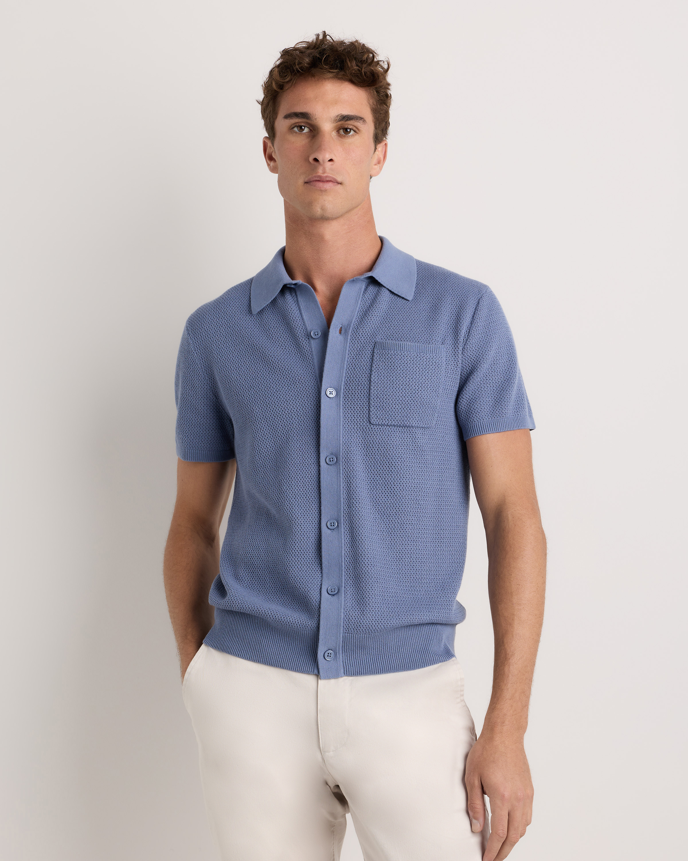 Moonstone Blue 100% Organic Cotton Mesh-Stitch Button-Up Sweater Polo