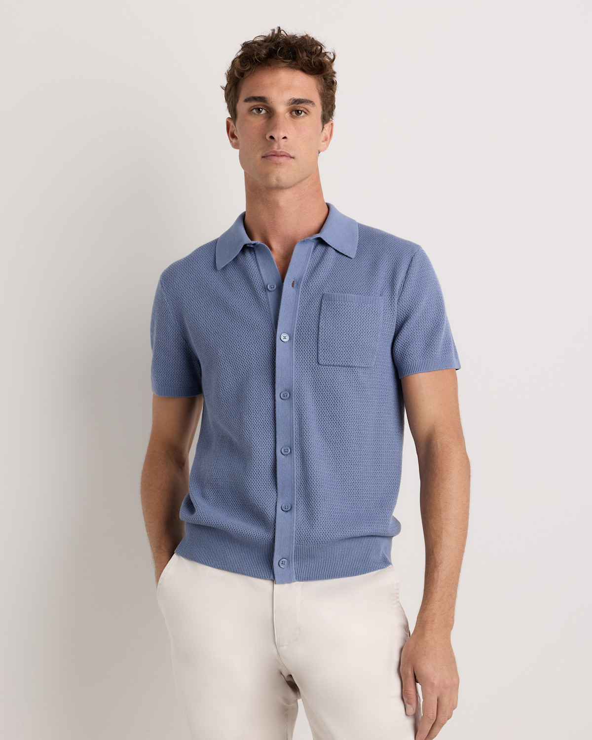 100% Organic Cotton Mesh-Stitch Button-Up Sweater Polo