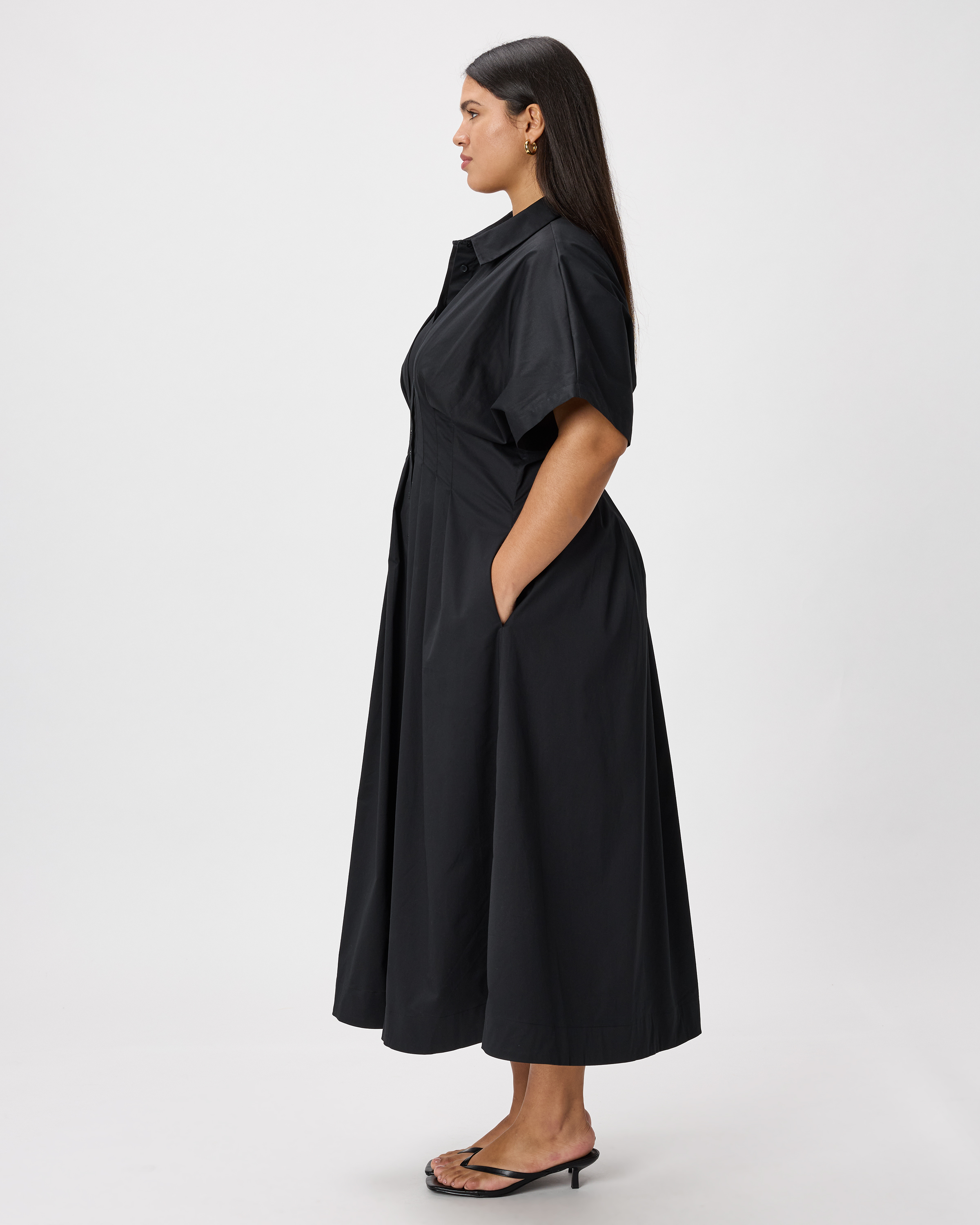 black midi shirt dress Ladies - - Size: XS Down Midi Shirt Dress with usable pockets ASOS DESIGN button up waist