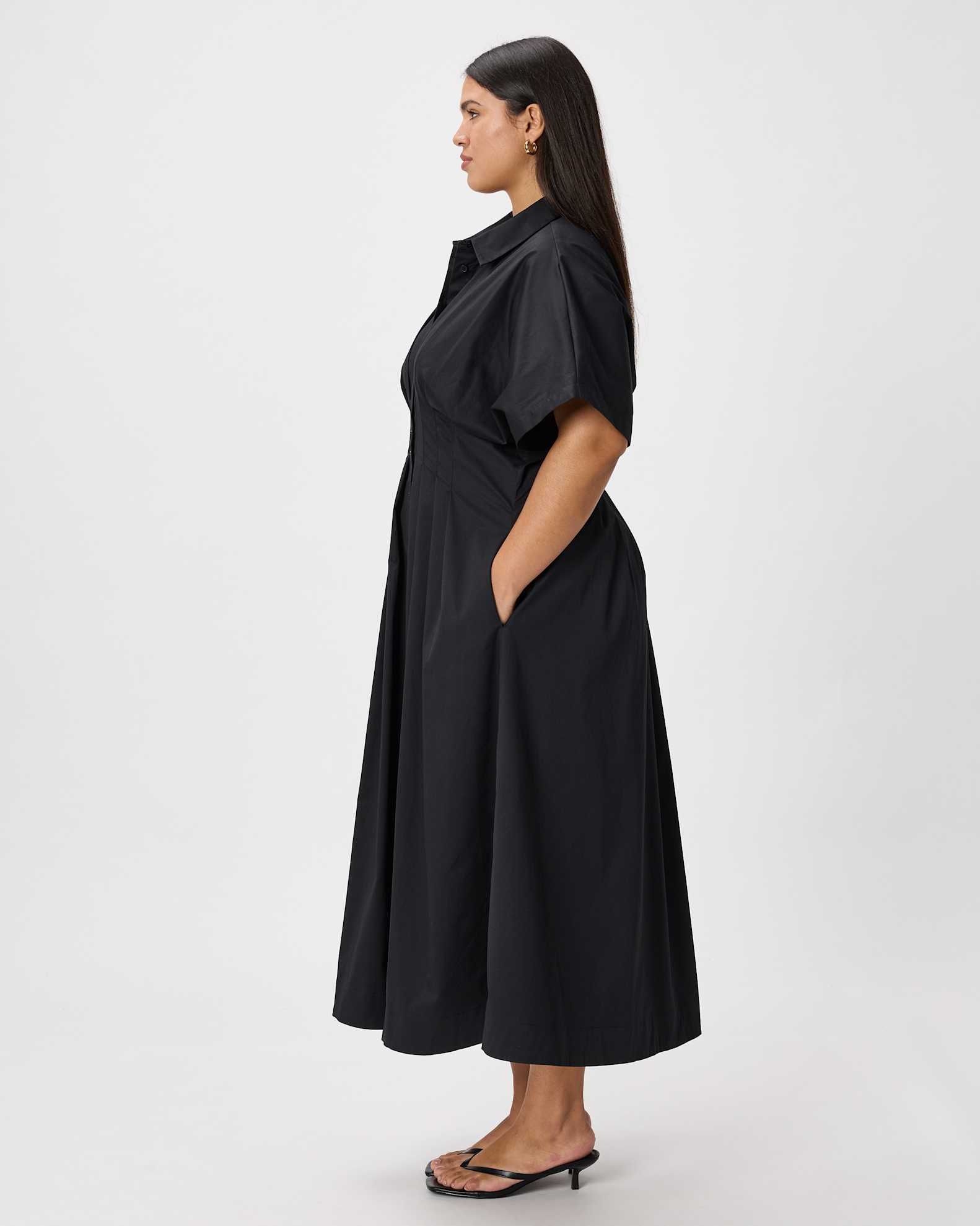 black midi shirt dress Ladies - - Size: XS Down Midi Shirt Dress with usable pockets ASOS DESIGN button up waist