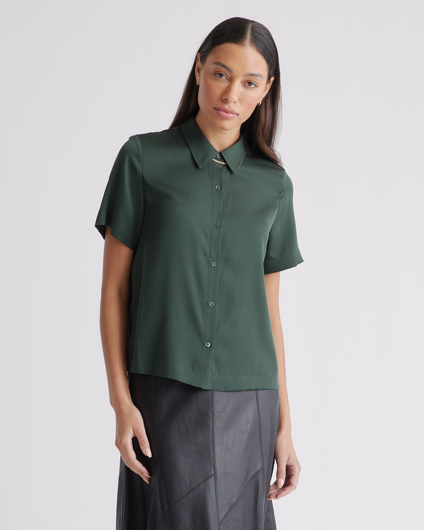 Forest Green Washable Stretch Silk Short Sleeve Blouse