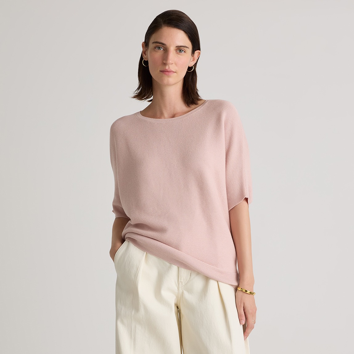 Lightweight Cotton Cashmere Link-Stitch Dolman Sweater in Heather Grey