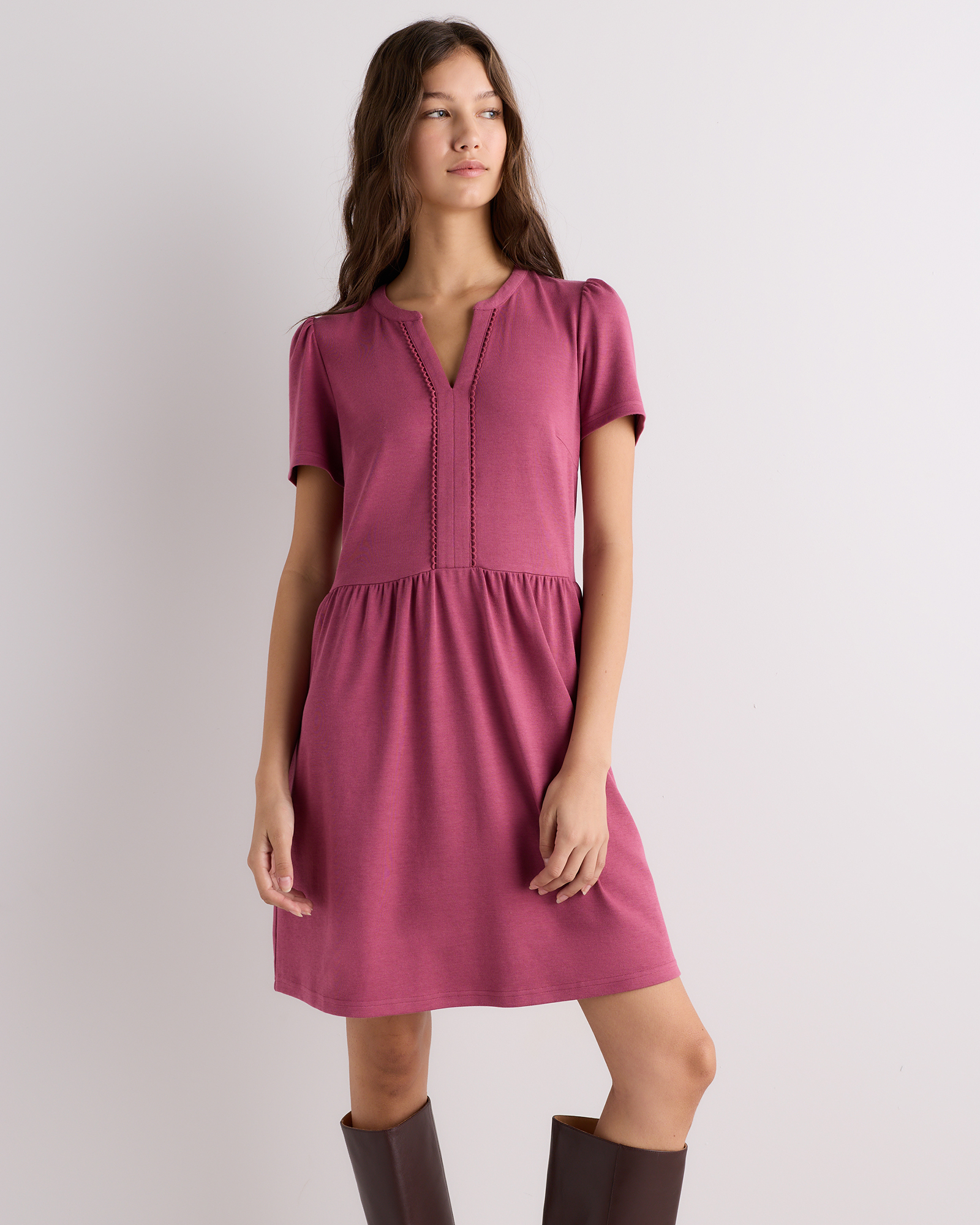 Faded Maroon Tencel Modal Knit V-Neck Mini Dress