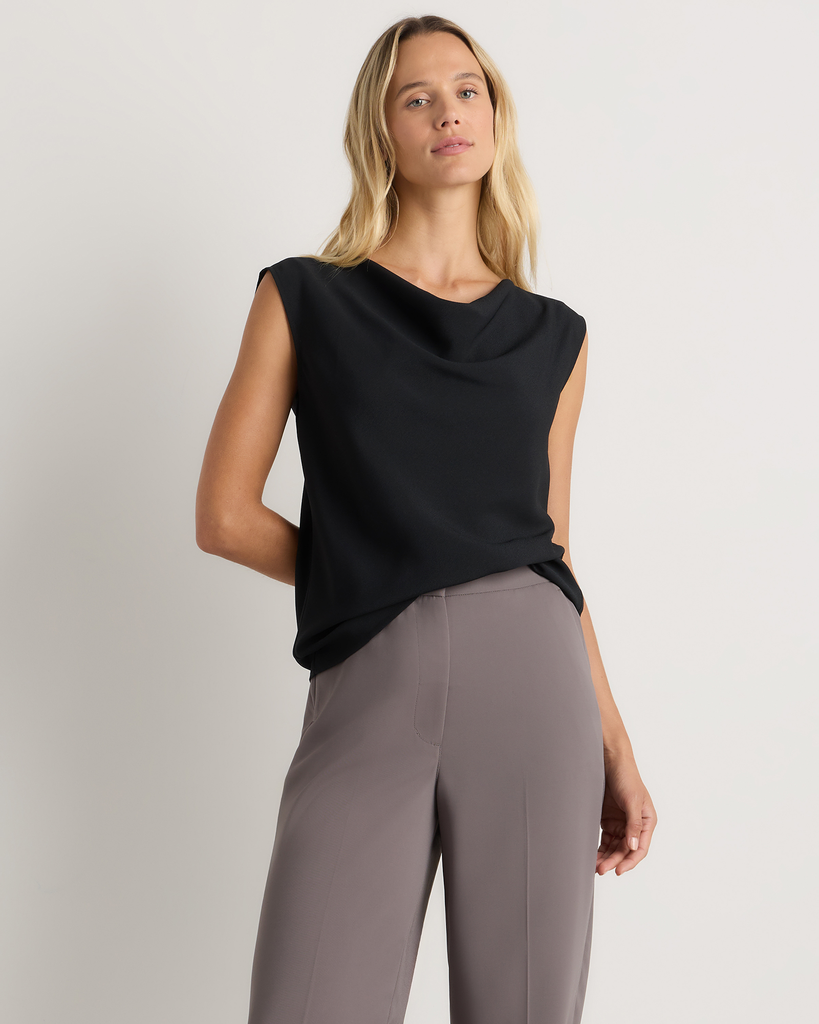 True Black Draped Matte Cowl Neck Tank