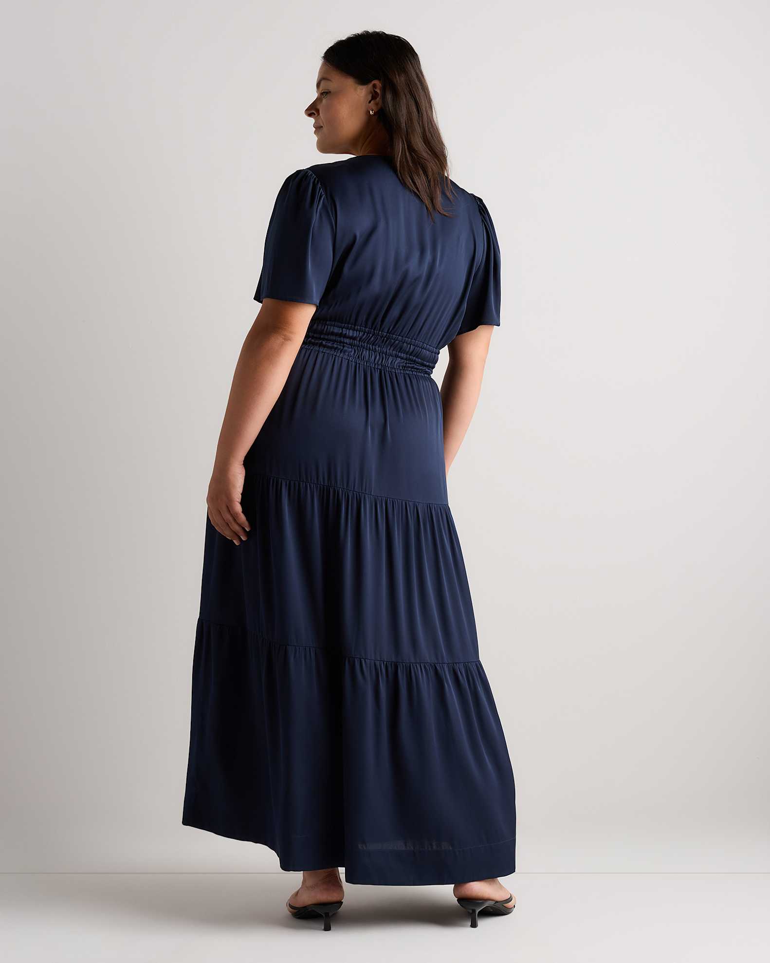 washable stretch silk tiered maxi dress Quince Women's Stretch Silk Tiered Maxi Dress, Small, Black