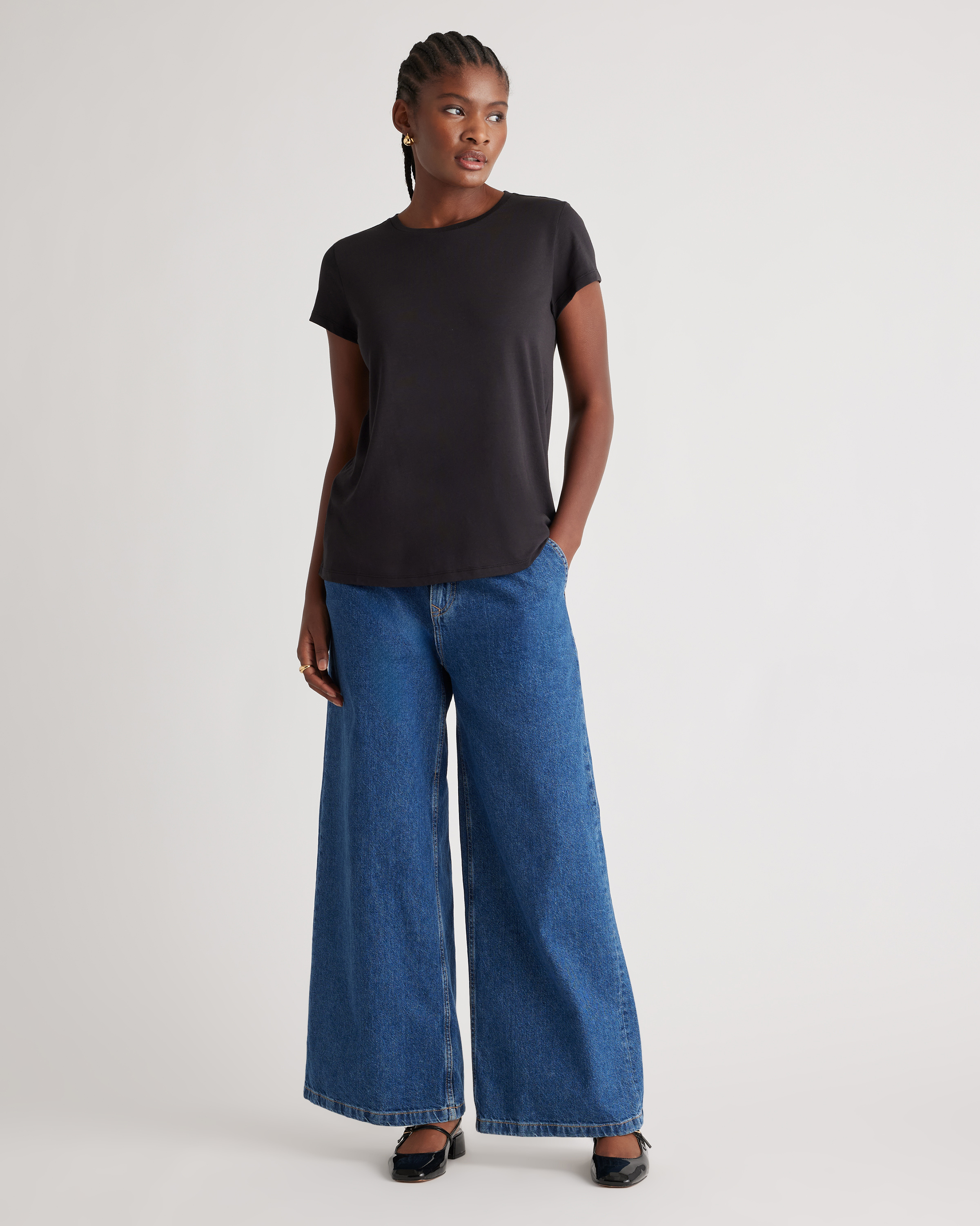 Cotton Modal Crewneck Swing Tee in Black