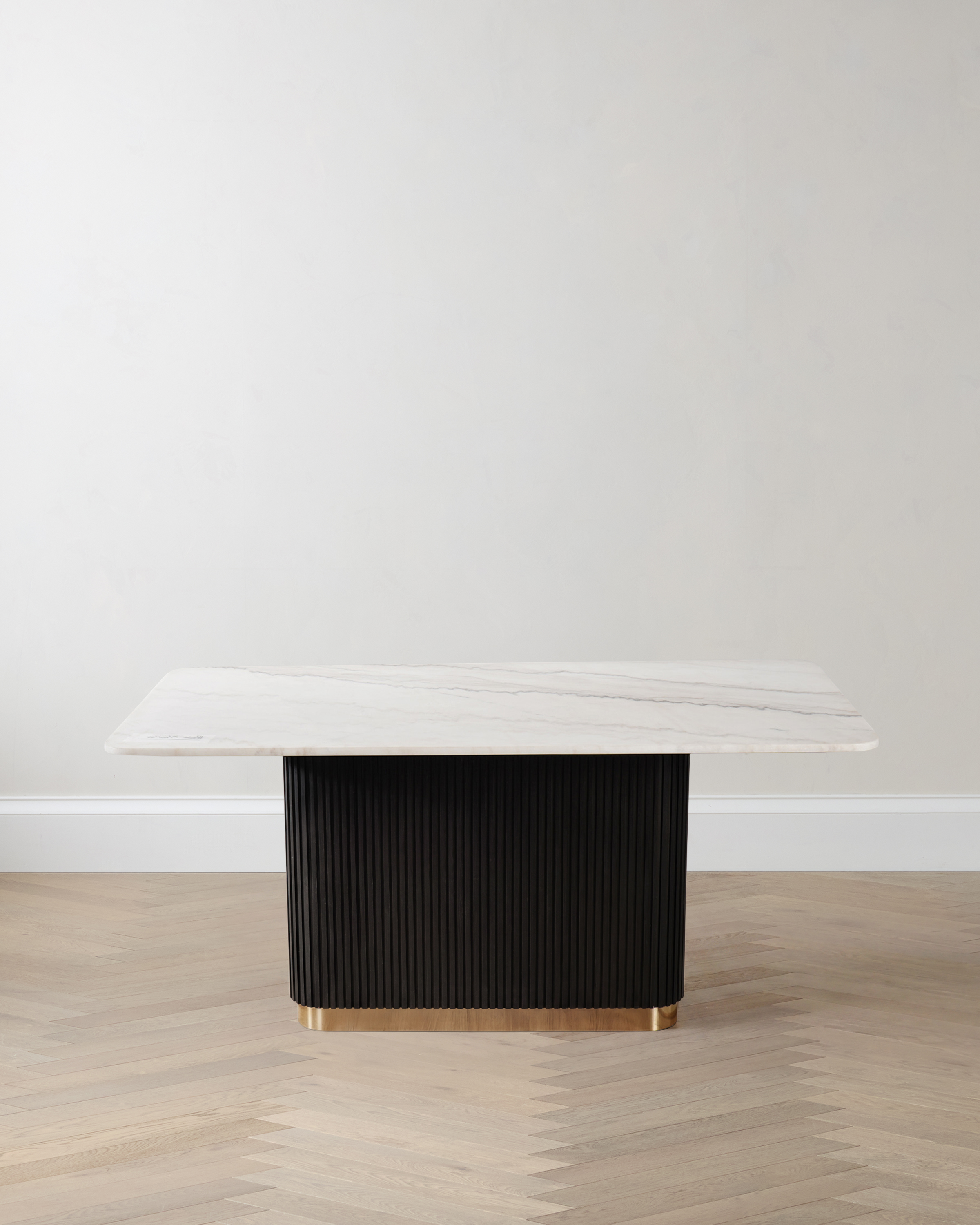 White/Black Fluted Wood and Genuine Marble Pedestal Dining Table