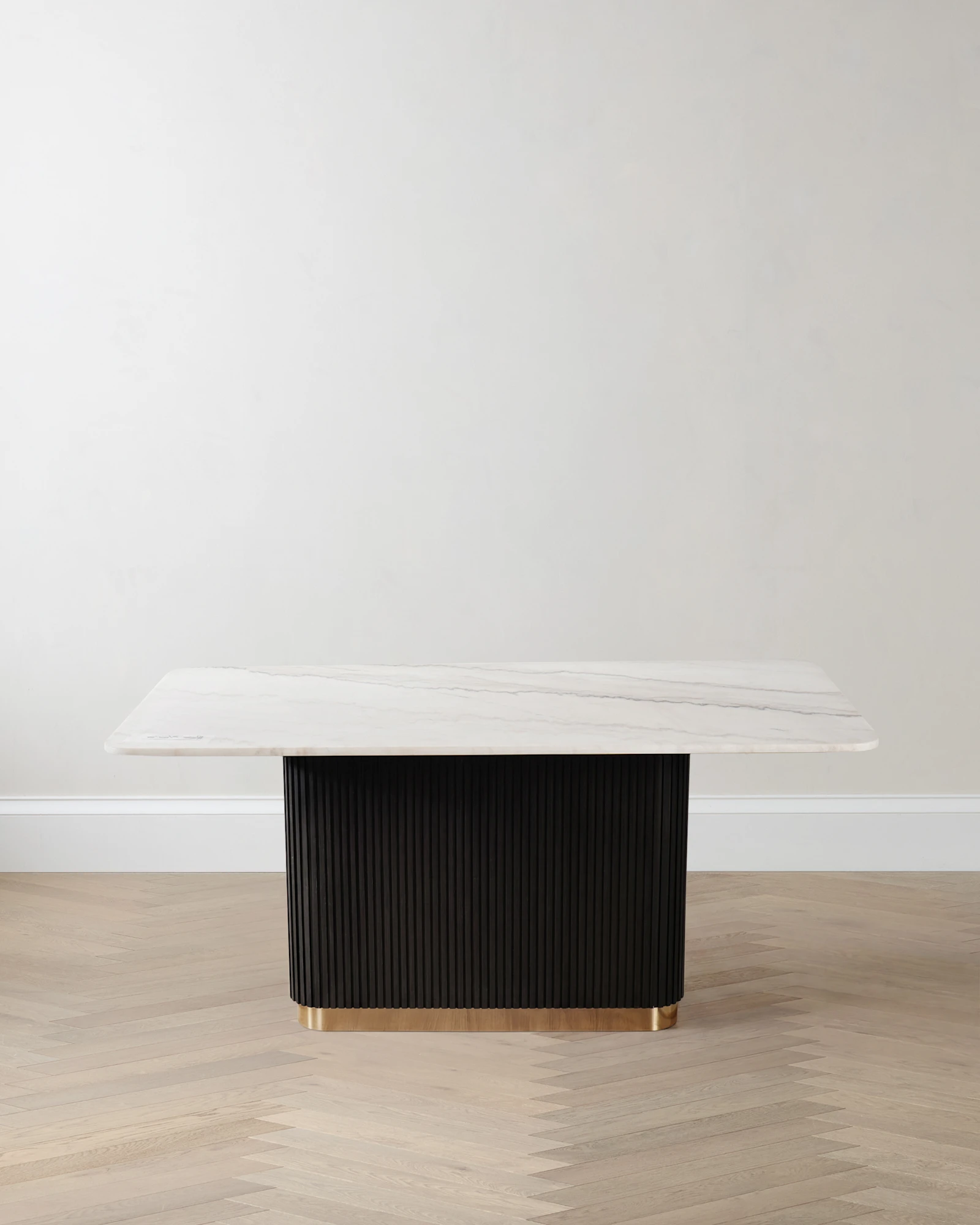 Fluted Wood and Genuine Marble Pedestal Dining Table in Cream/Black