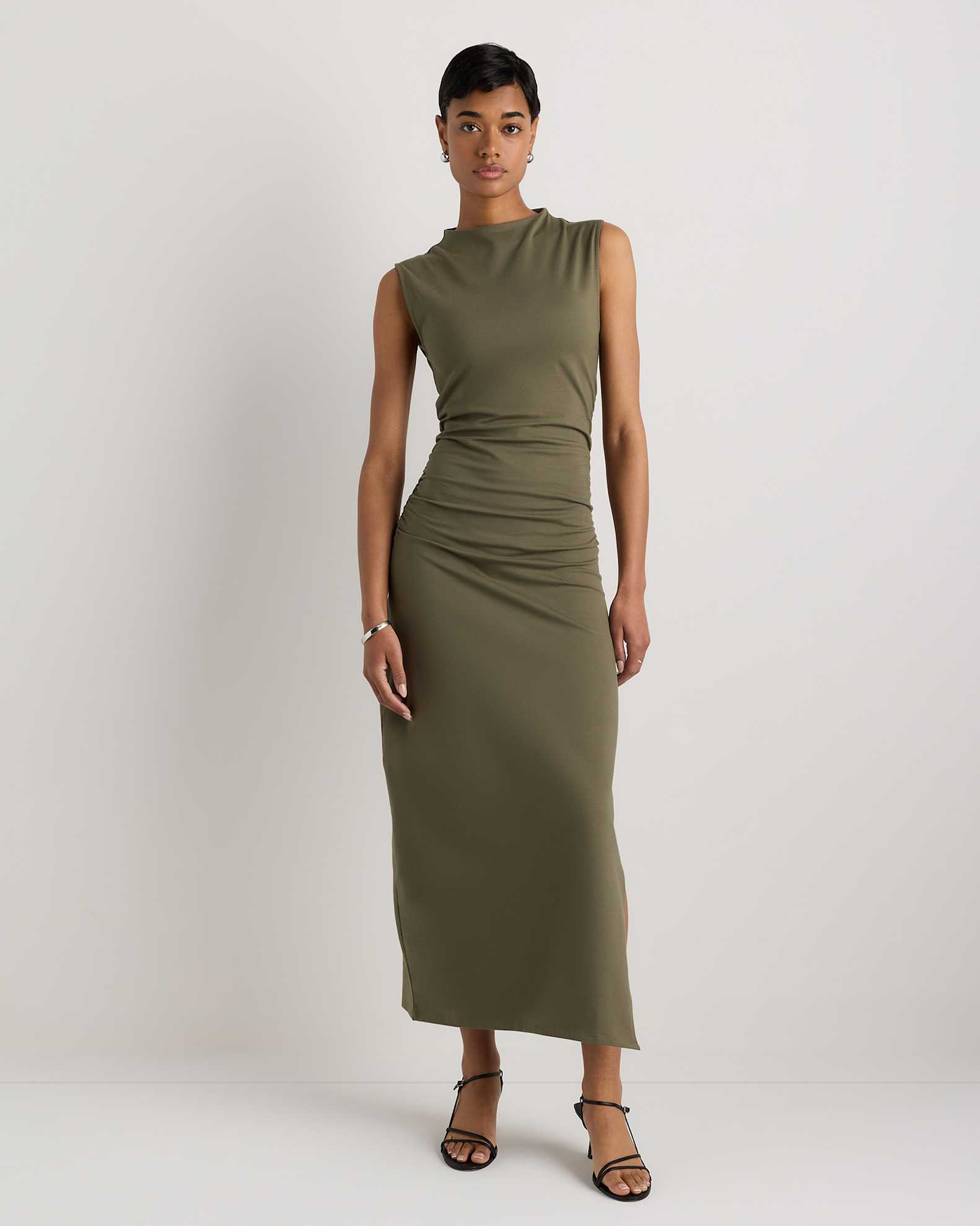 midi jersey dresses Z Supply Anika Dress Black / XS This fitted draped sleeveless midi dress is crafted from a fluid viscose jersey and features Medusa 95 hardware on shoulder straps. Stretch Cotton Jersey Mock Neck