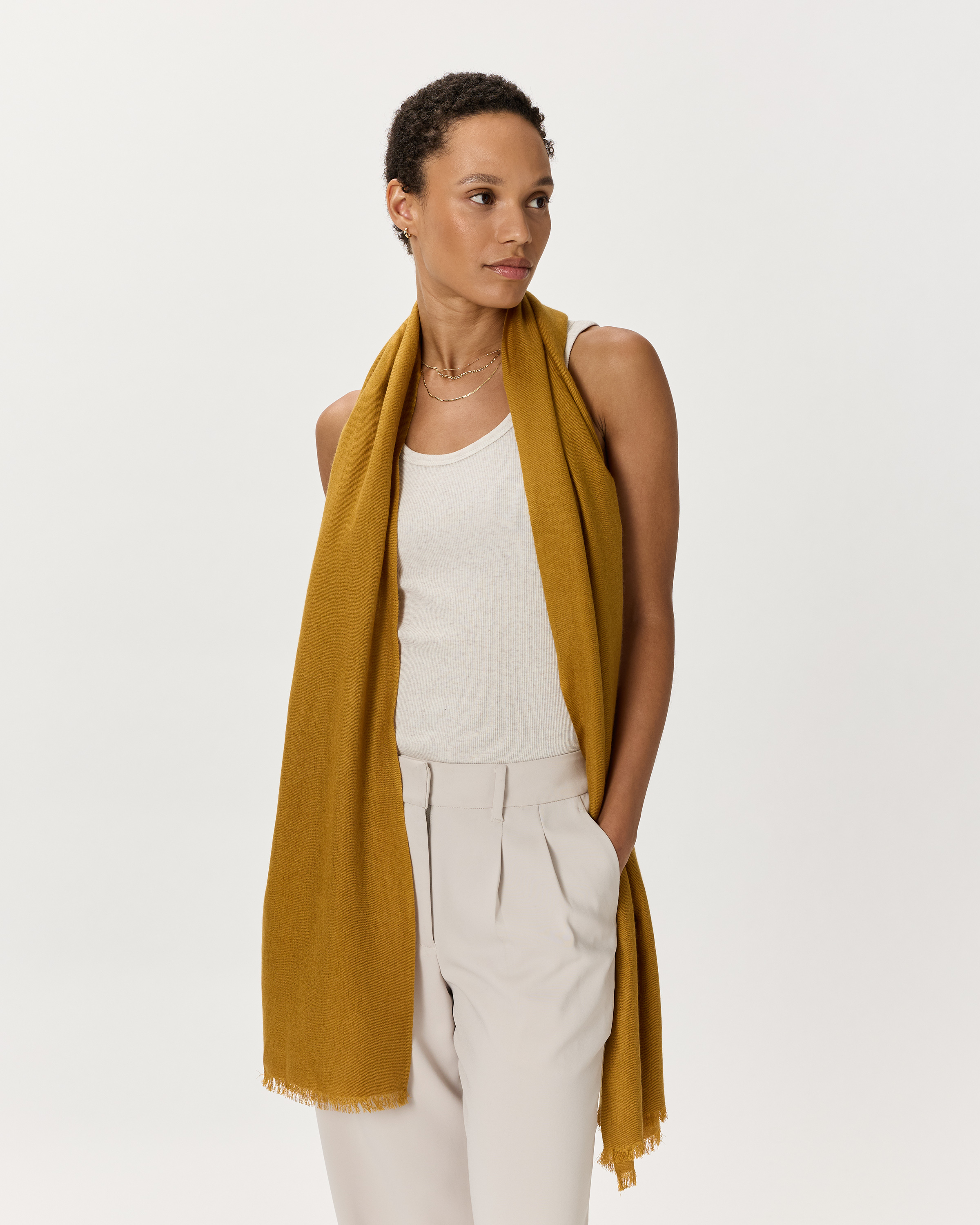 Autumn Gold Featherweight Cashmere Silk Frayed Edge Scarf