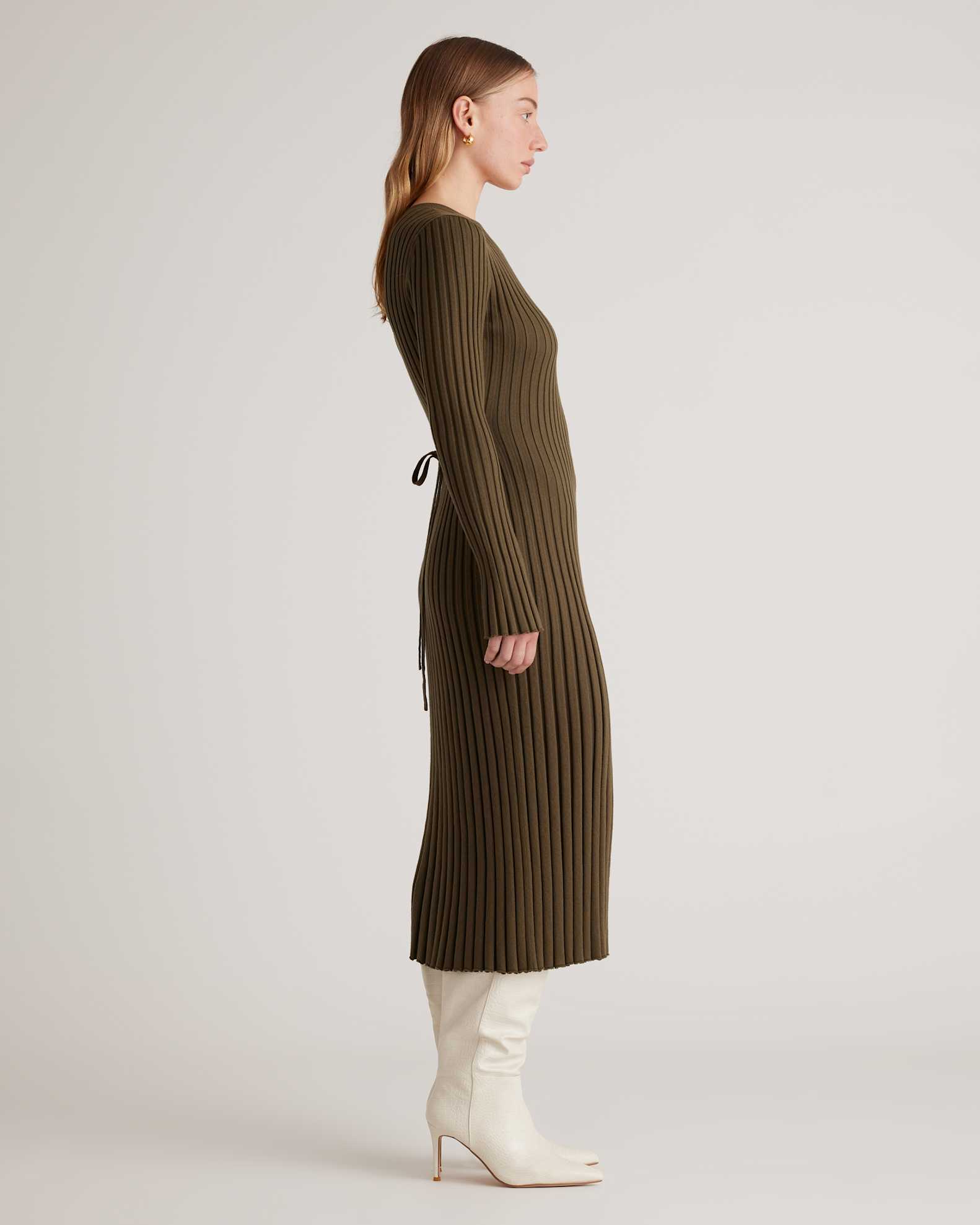 Cotton Cashmere Ribbed Long Sleeve Crew Midi Dress in Olive