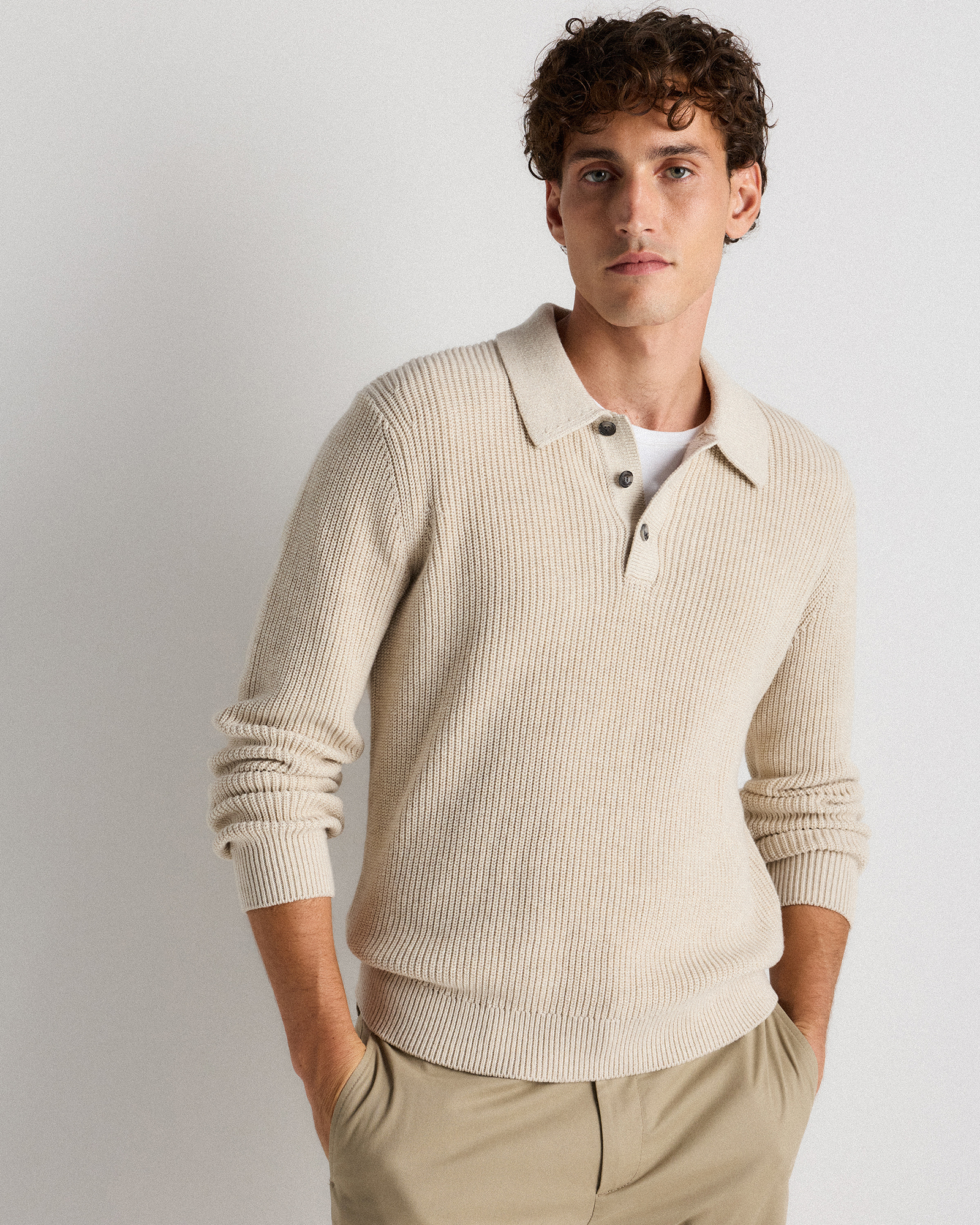Speckled Beige 100% Organic Cotton Ribbed Polo Sweater