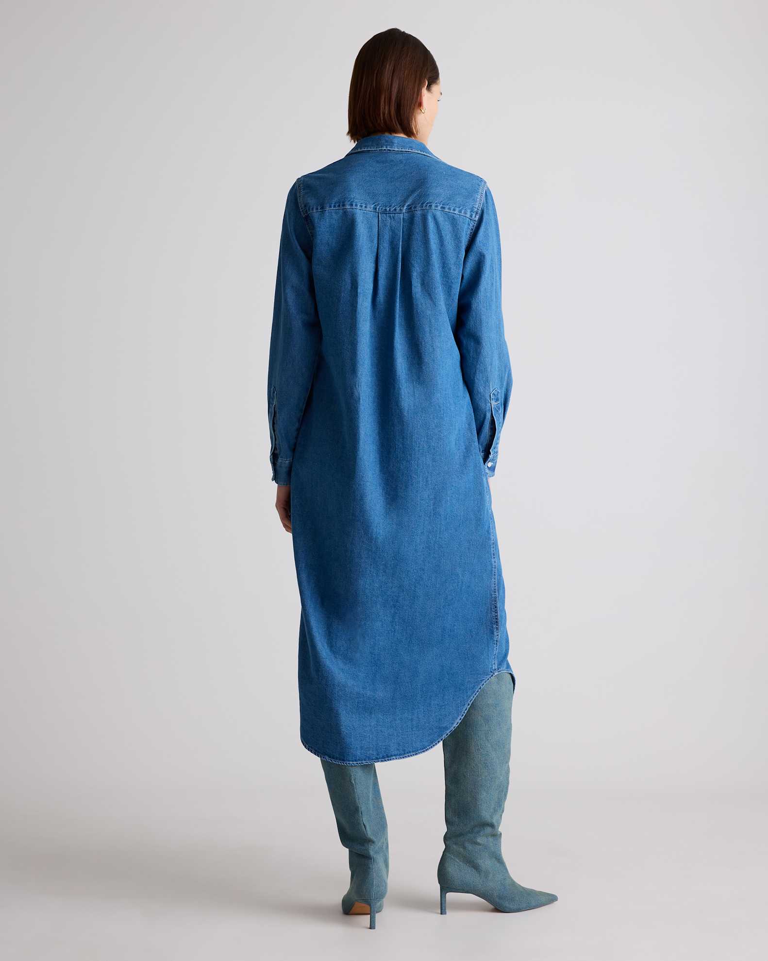 Distressed Denim Maxi Shirt Dress in Medium Indigo Distressed Denim Maxi Shirt Dress in Medium Indigo