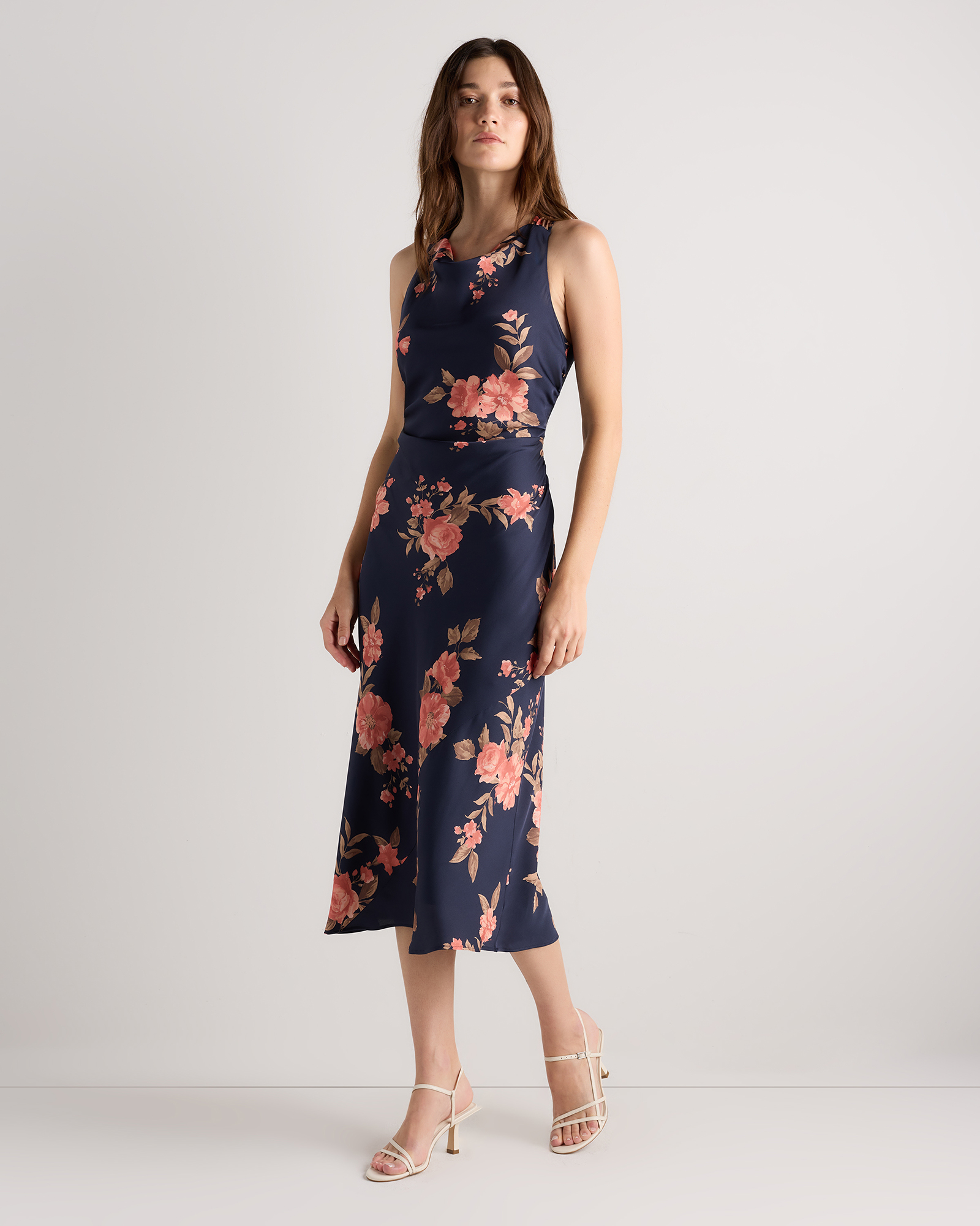 Vintage Navy Roses Washable Stretch Silk High Neck Midi Dress