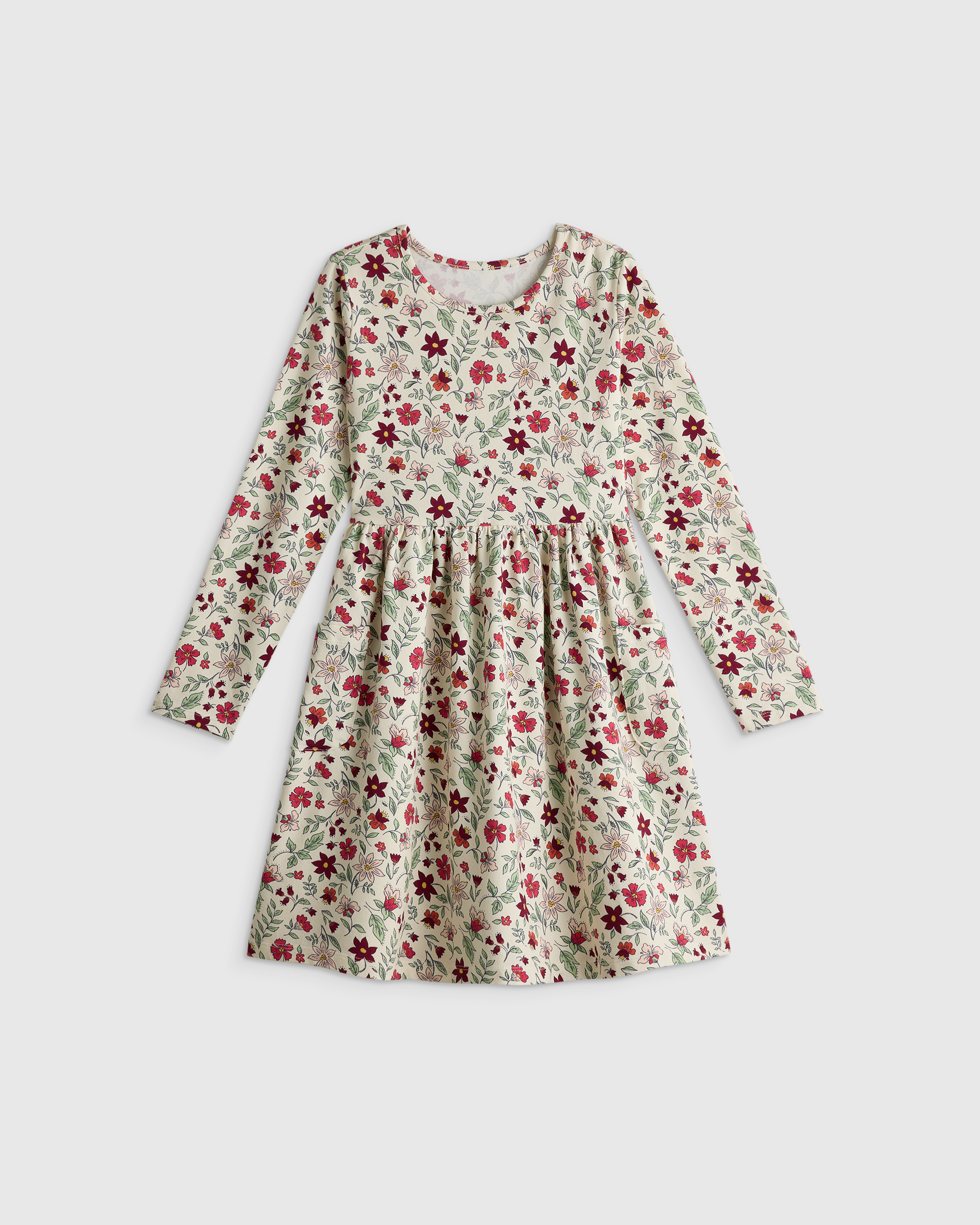 Floral Vines Organic Cotton Long Sleeve Fit and Flare Pocket Dress 